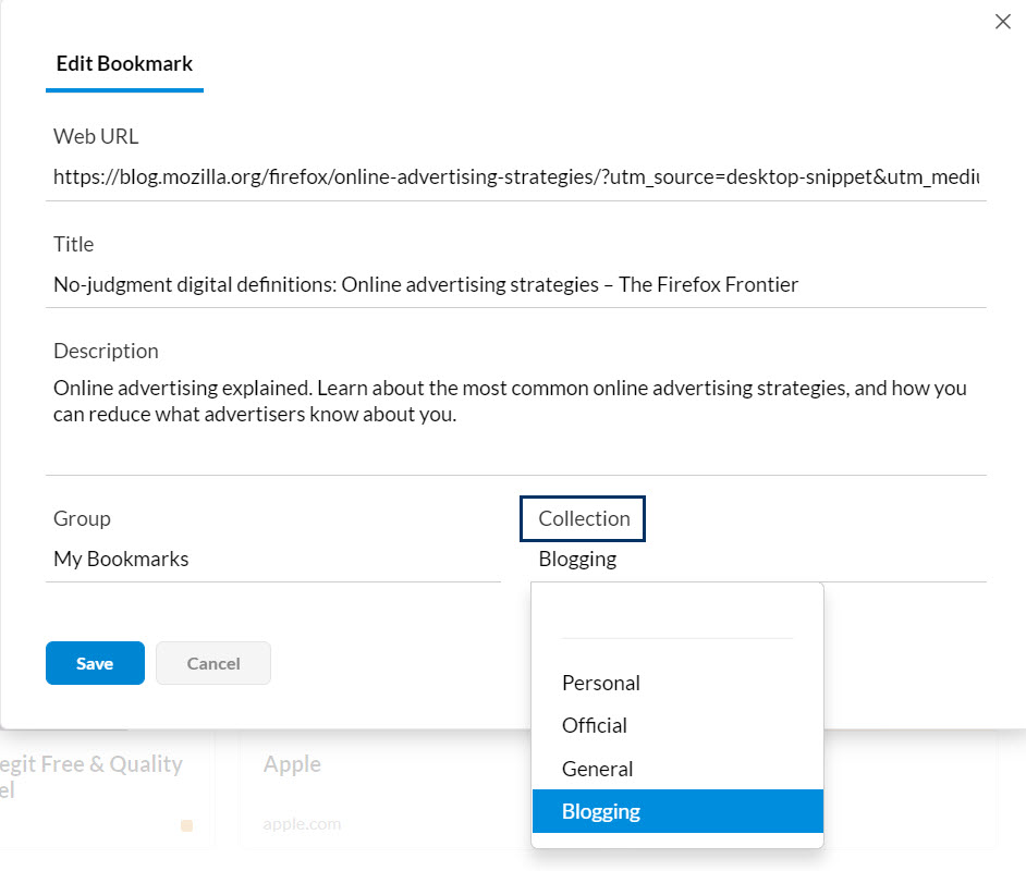 Add bookmark to a collection