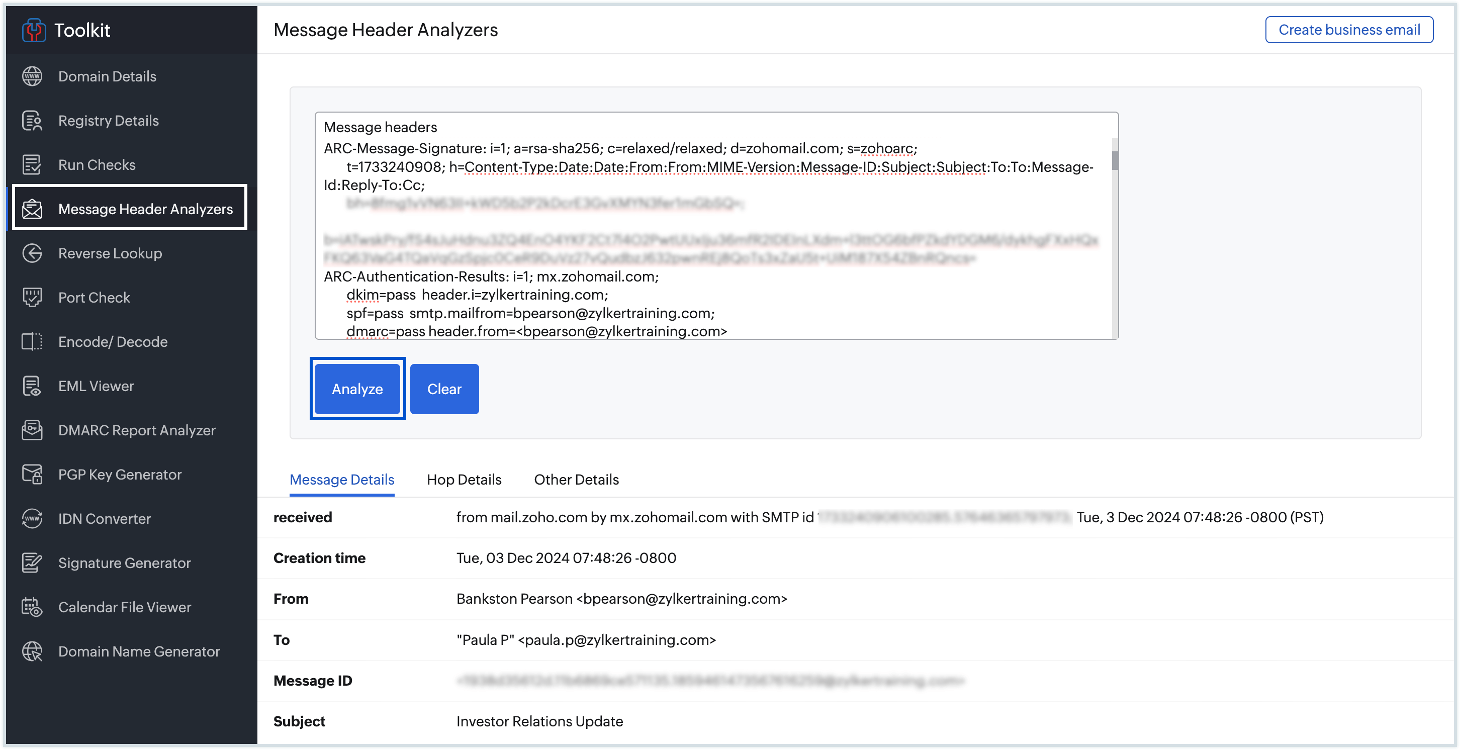Message header analyser Message header analyser