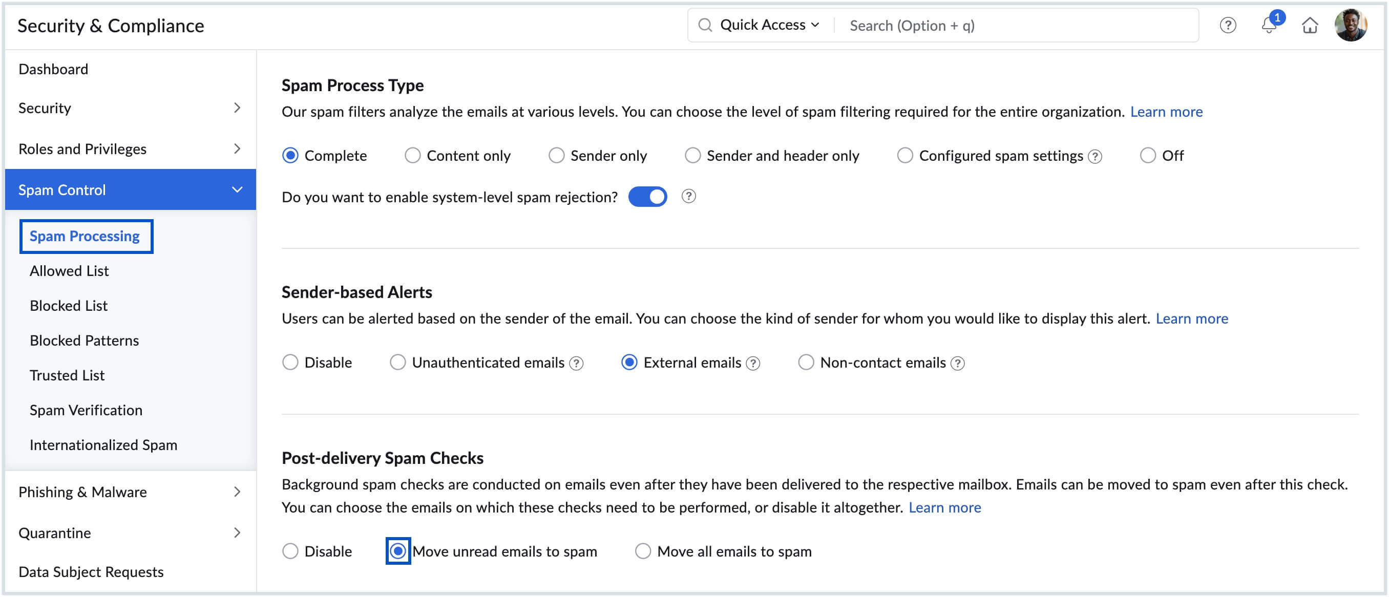 Post delivery spam checks