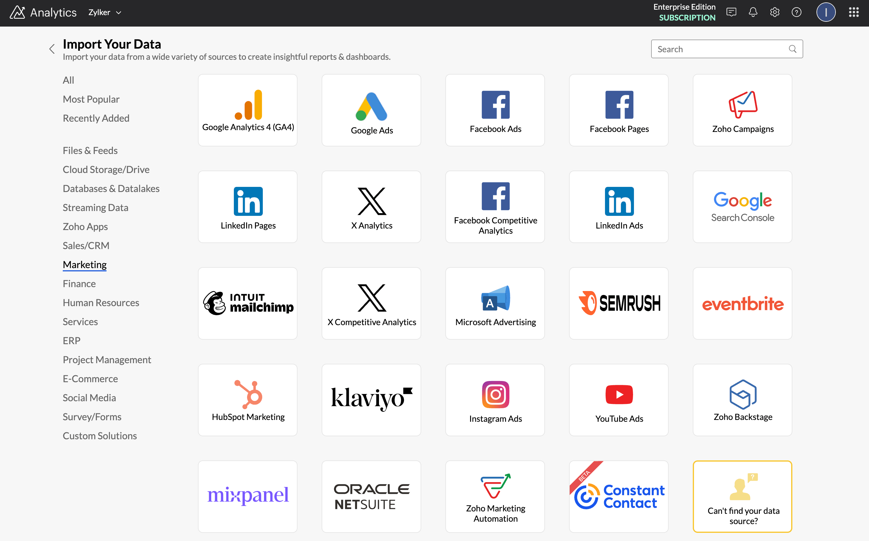 Marketing data sources and integrations with Google Search Console, GA4, social media platforms, and 25+ connectors