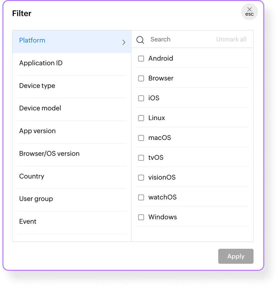 Event overview with filter