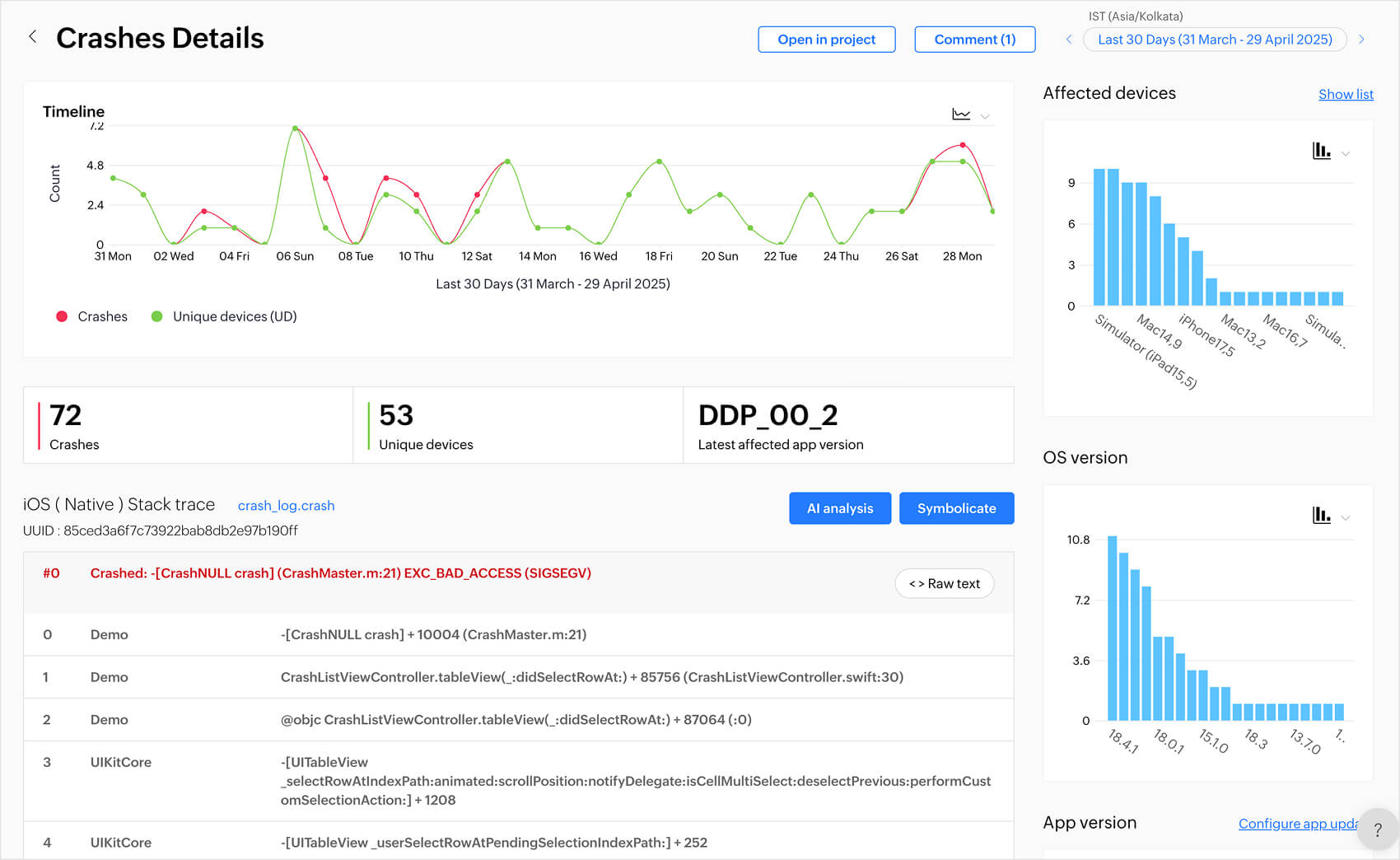 Crash details and stack trace