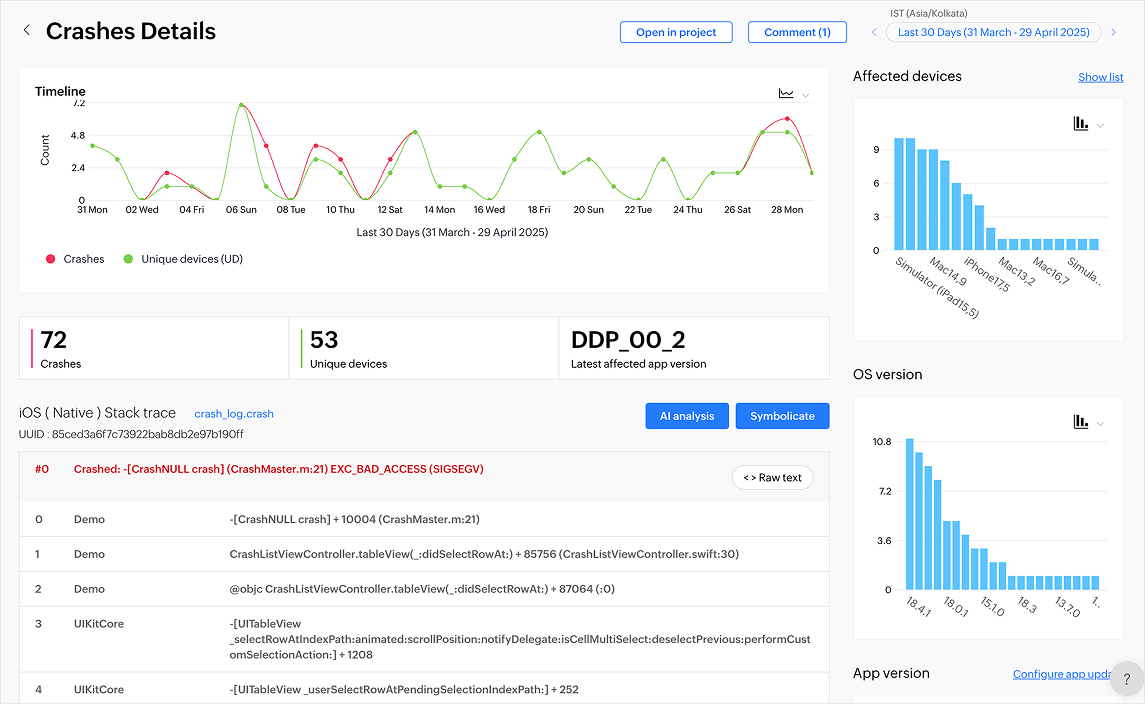 Crash details and stack trace