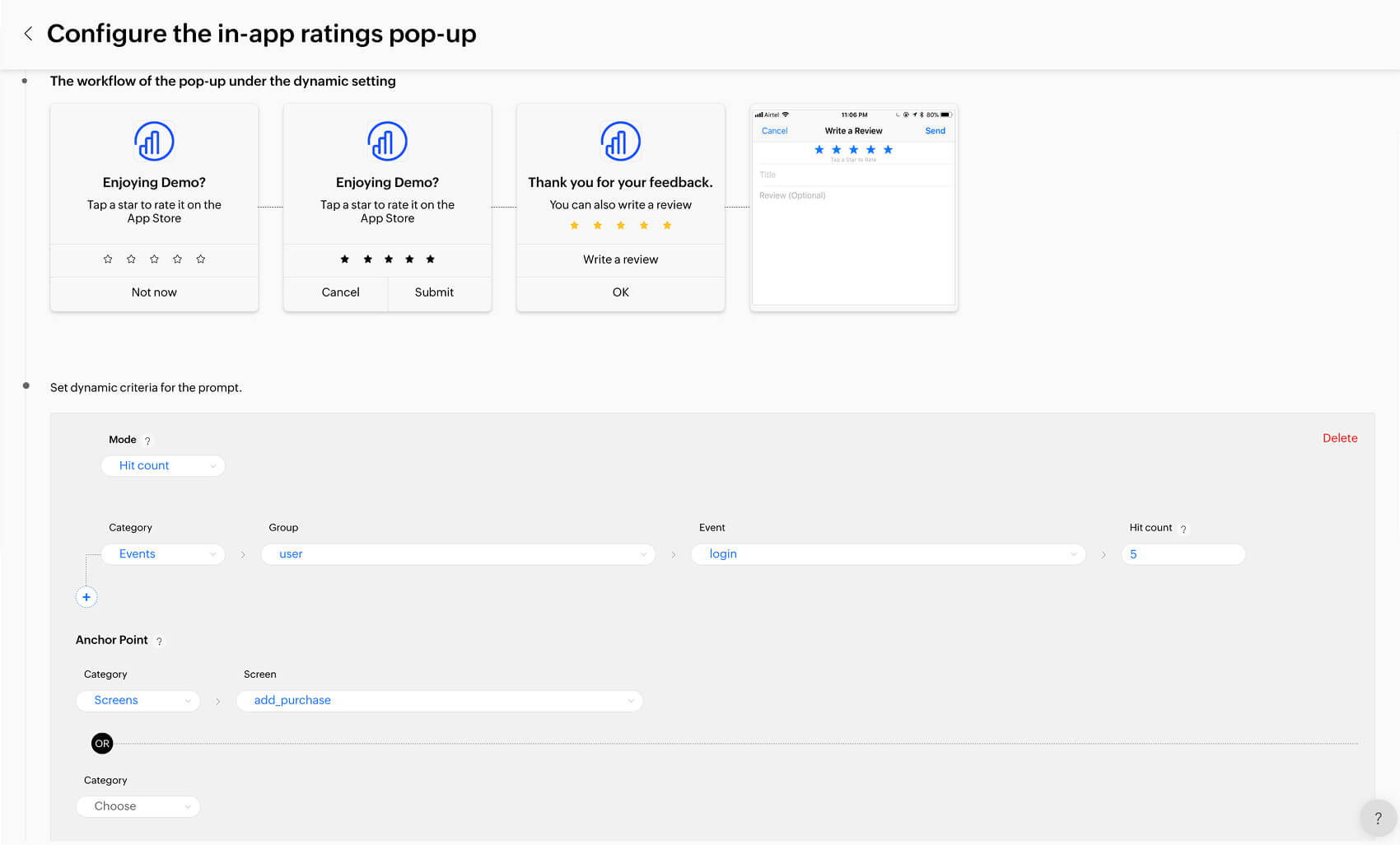 Ratings pop up configuration