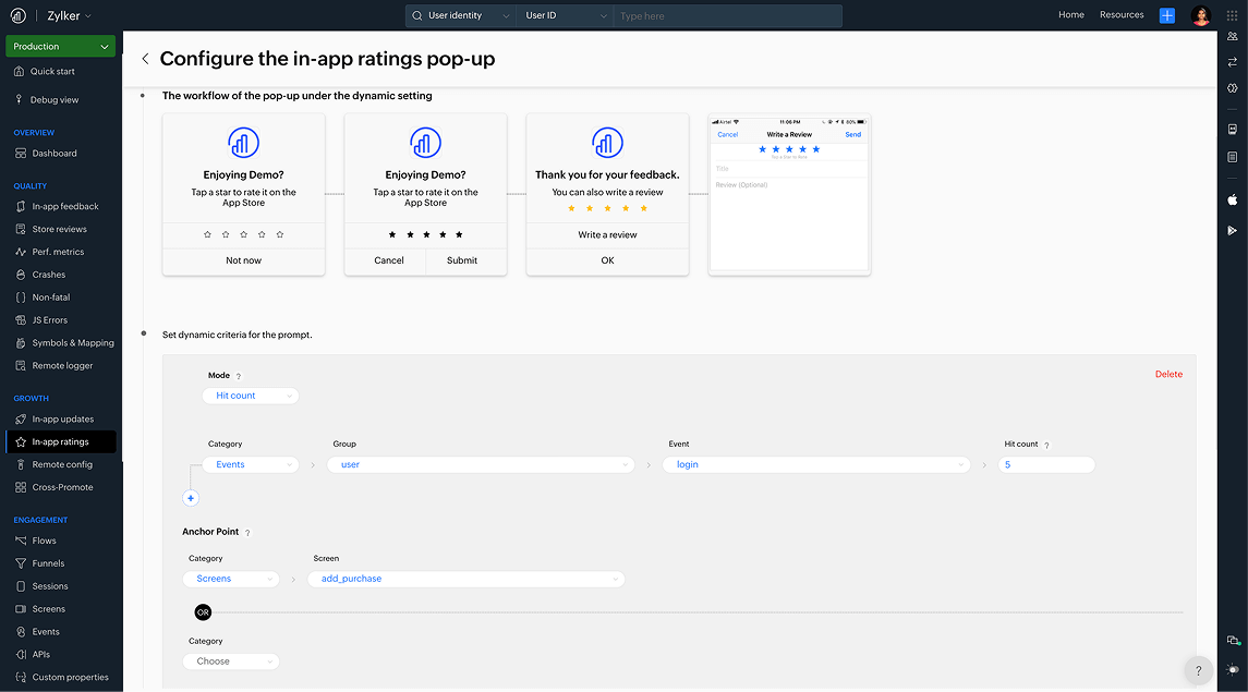 Ratings pop up configuration