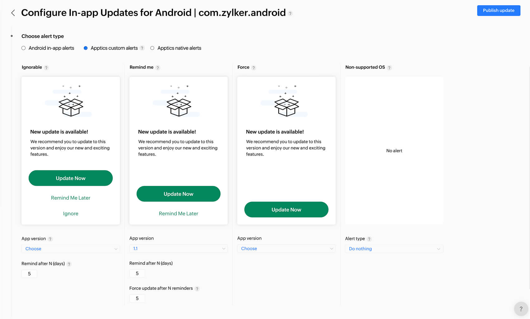 App update alert configuration