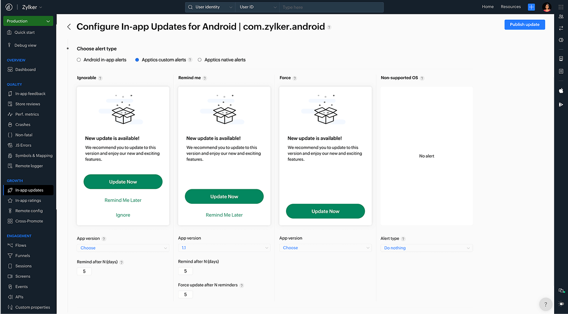 App update alert configuration