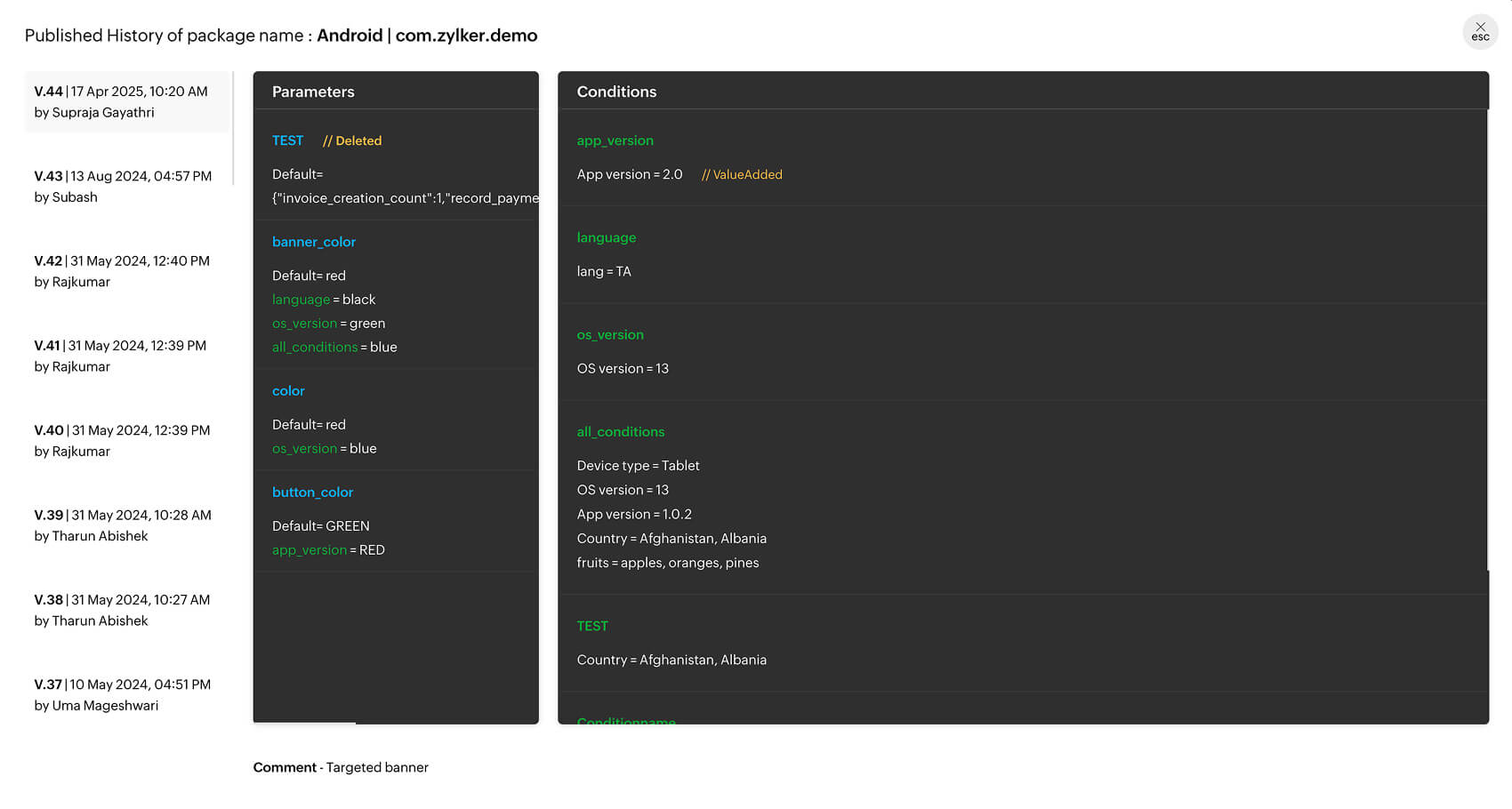 List of remote config params and conditions