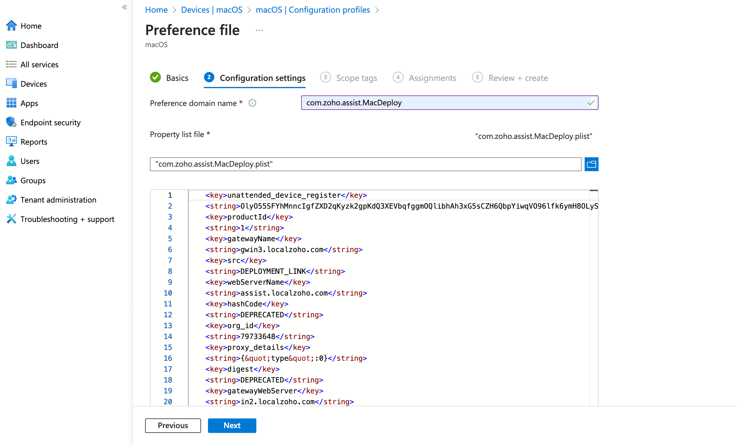 Intune Configuration settings for com.zoho.assist.MacDeploy