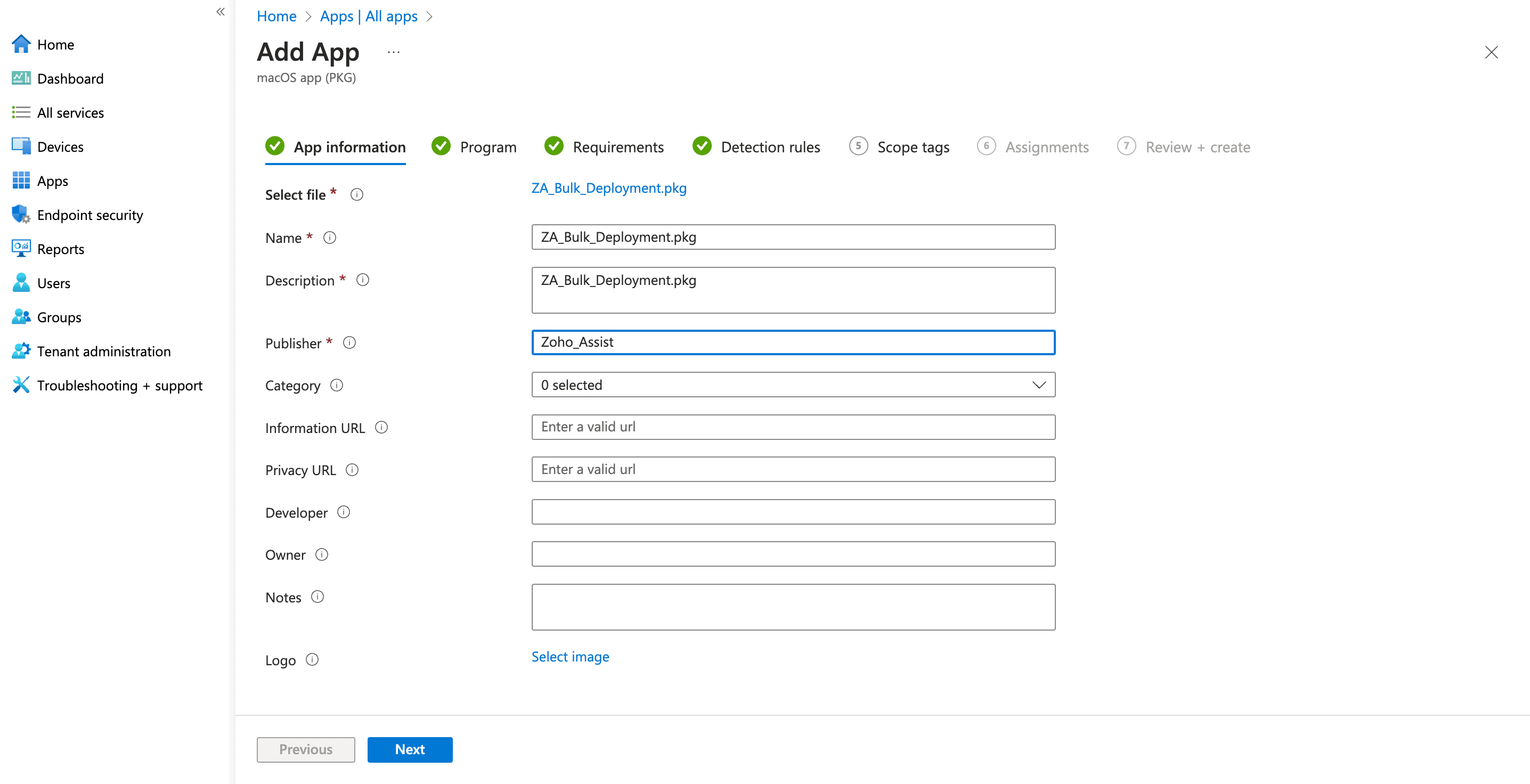 Intune macOS app upload for Zoho Assist deployment