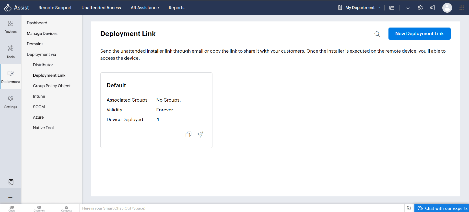 To install using installer link, Navigate to Unattended Access > Deployment > Deployment Link