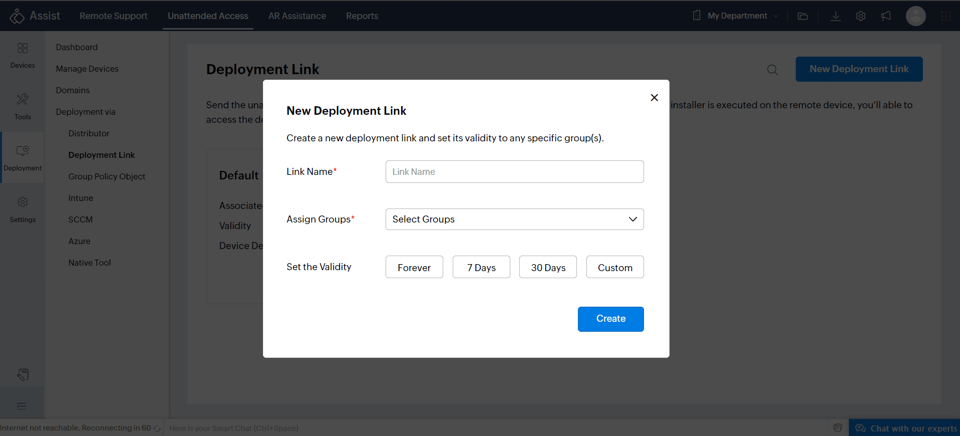 Configure the deployment link details, such as Link Name, Assign group, and Link validity.