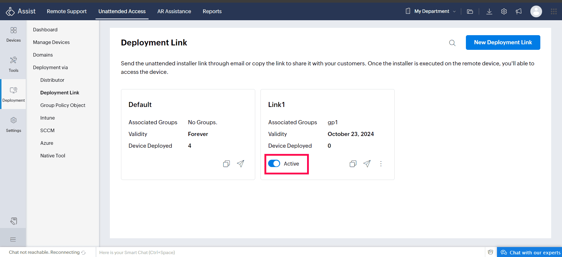 To manage deployment links, navigate to the deployment interface where you can enable or disable links, controlling their availability