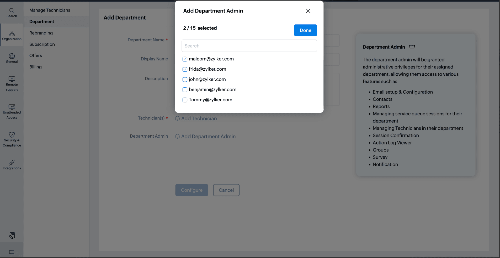 Assign Department Admins