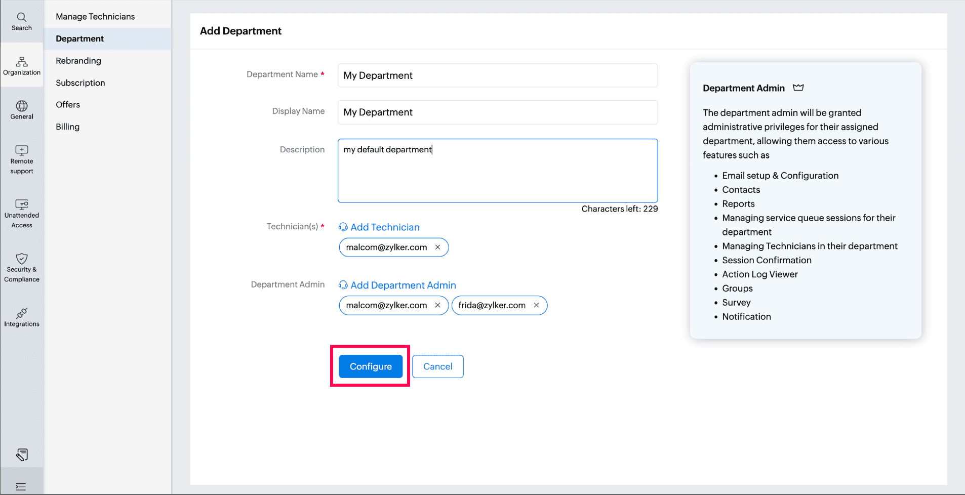 Configure Department