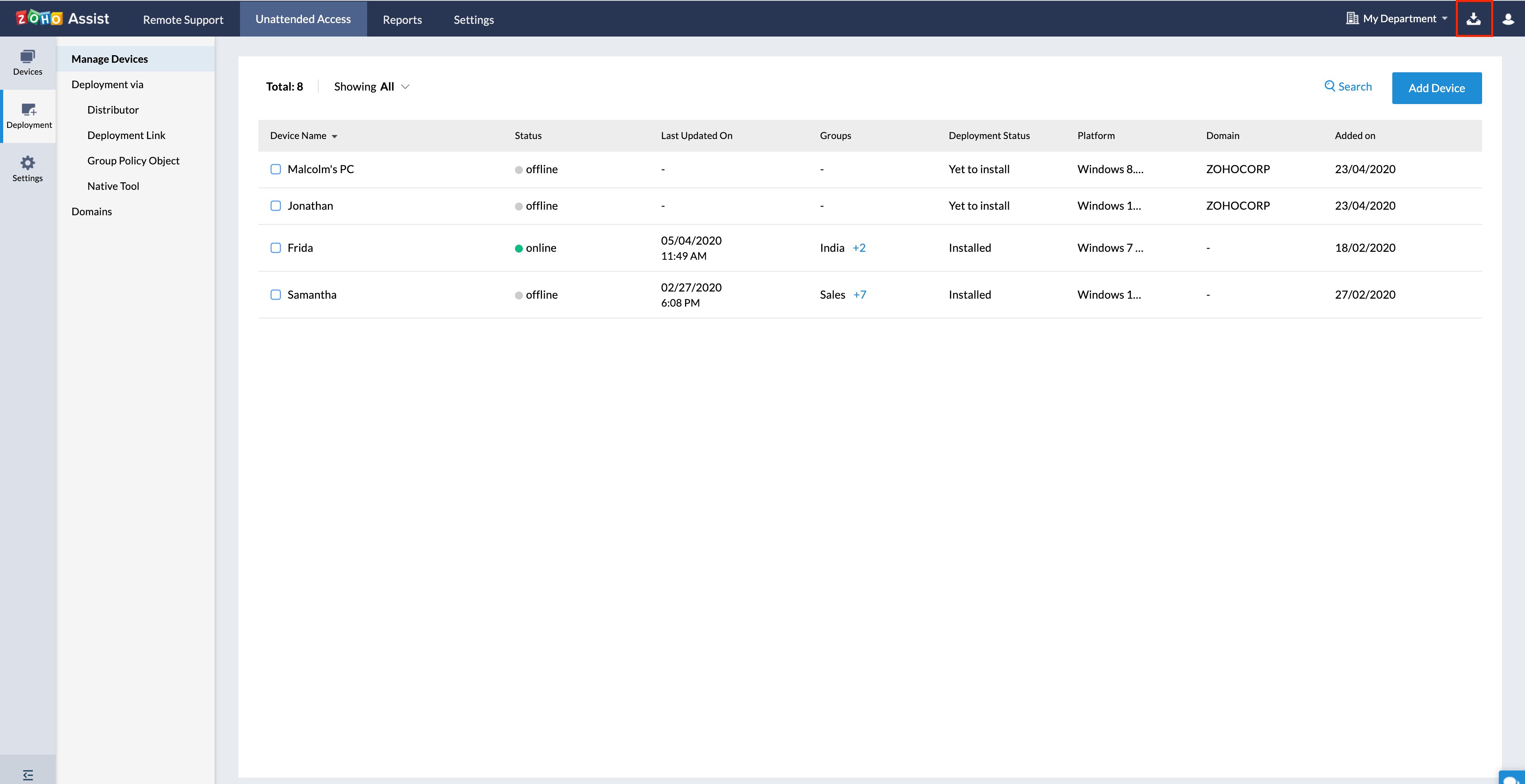 Click Download icon at the top right corner of the Unattended access main page listed with configured devices