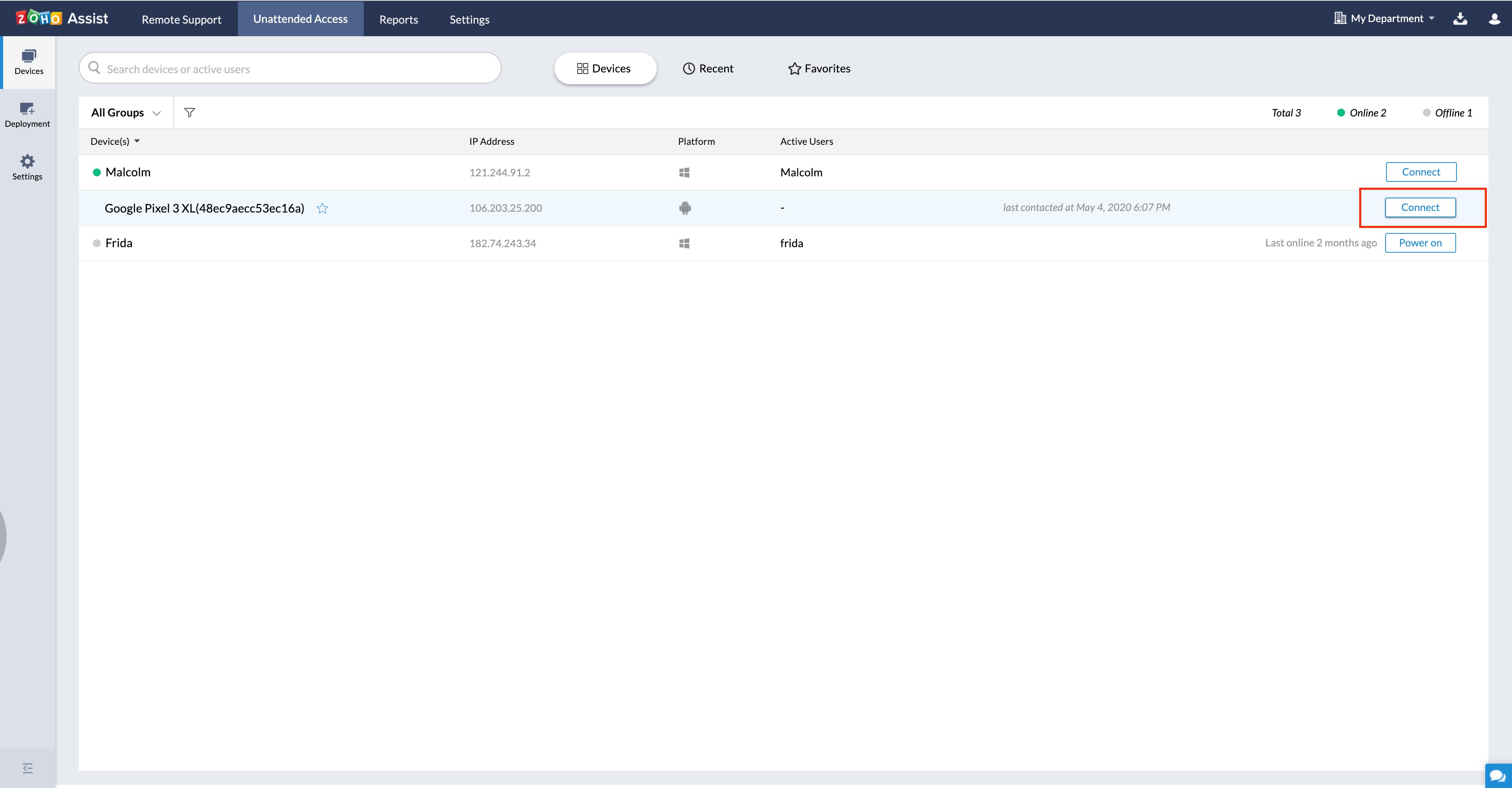 Once configured, the devices are listed under Unattended access. Click Connect beside the device to initiate an unattended access session