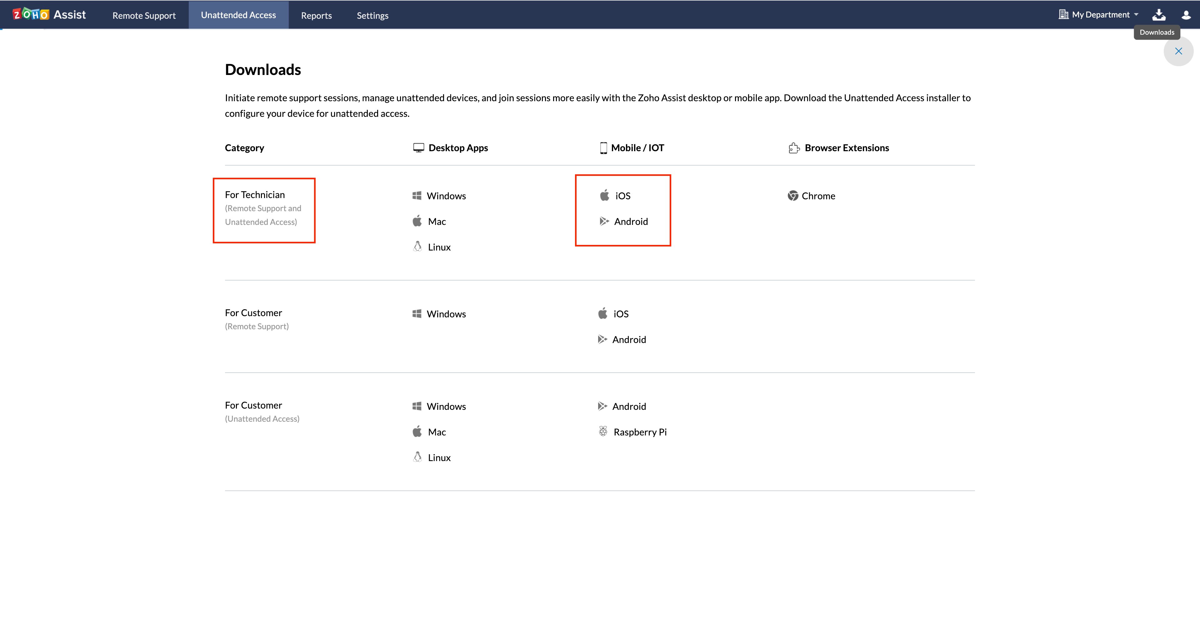 Choose the appropriate installer based on the operating system of the device. In this case, iOS and Android are chosen under Technician category