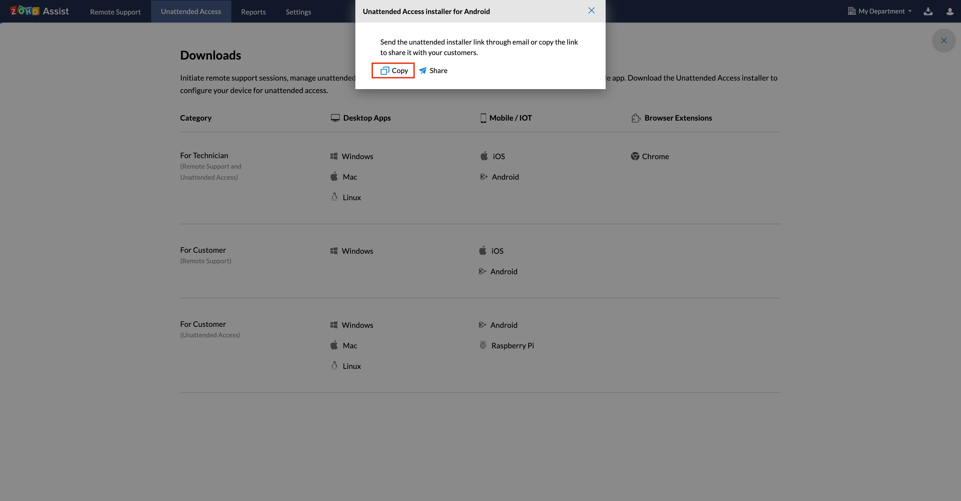 Copy the installer link to share it to the customers by clicking Copy