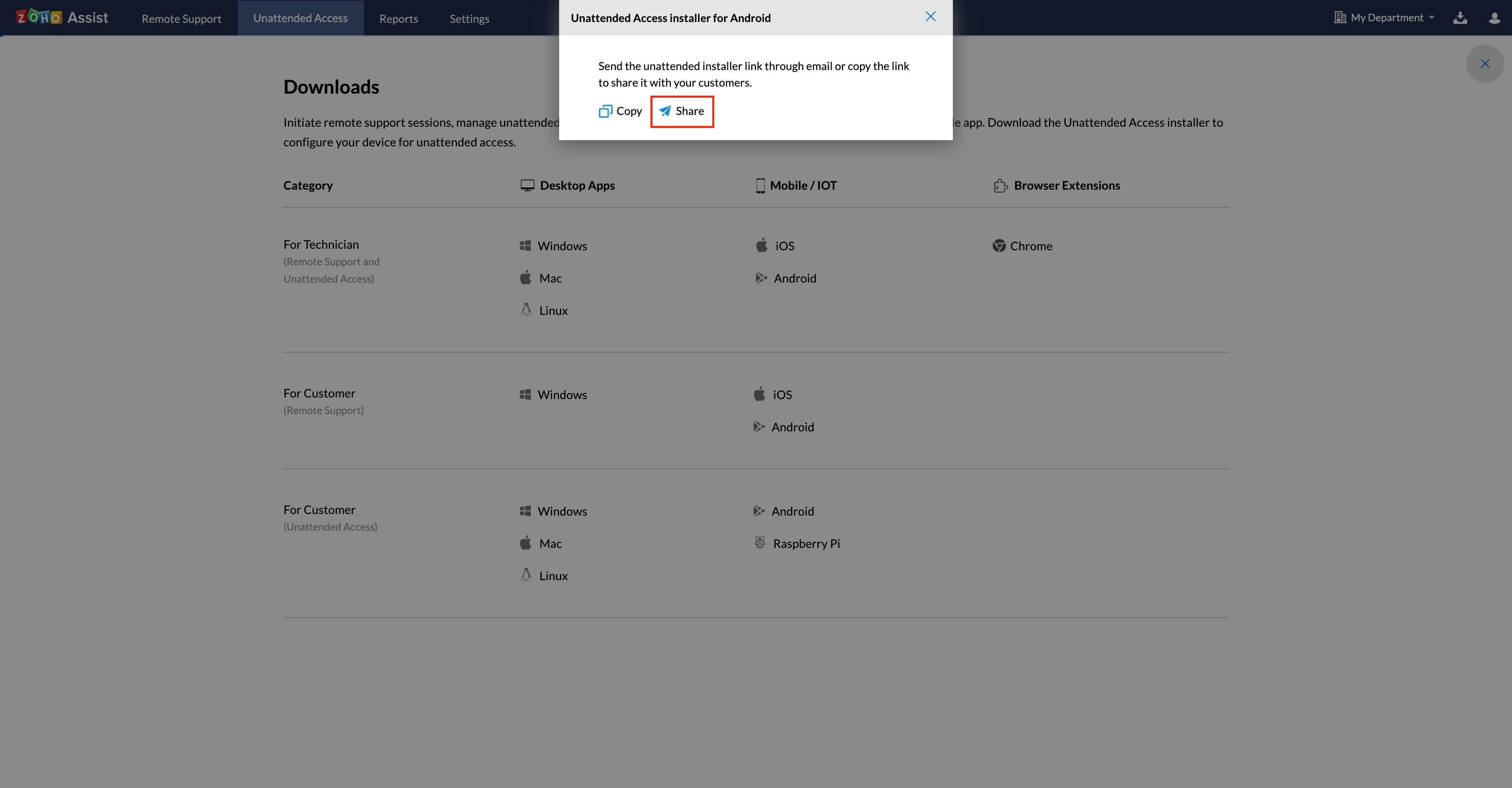 Share the Installer link via mail by clicking Share