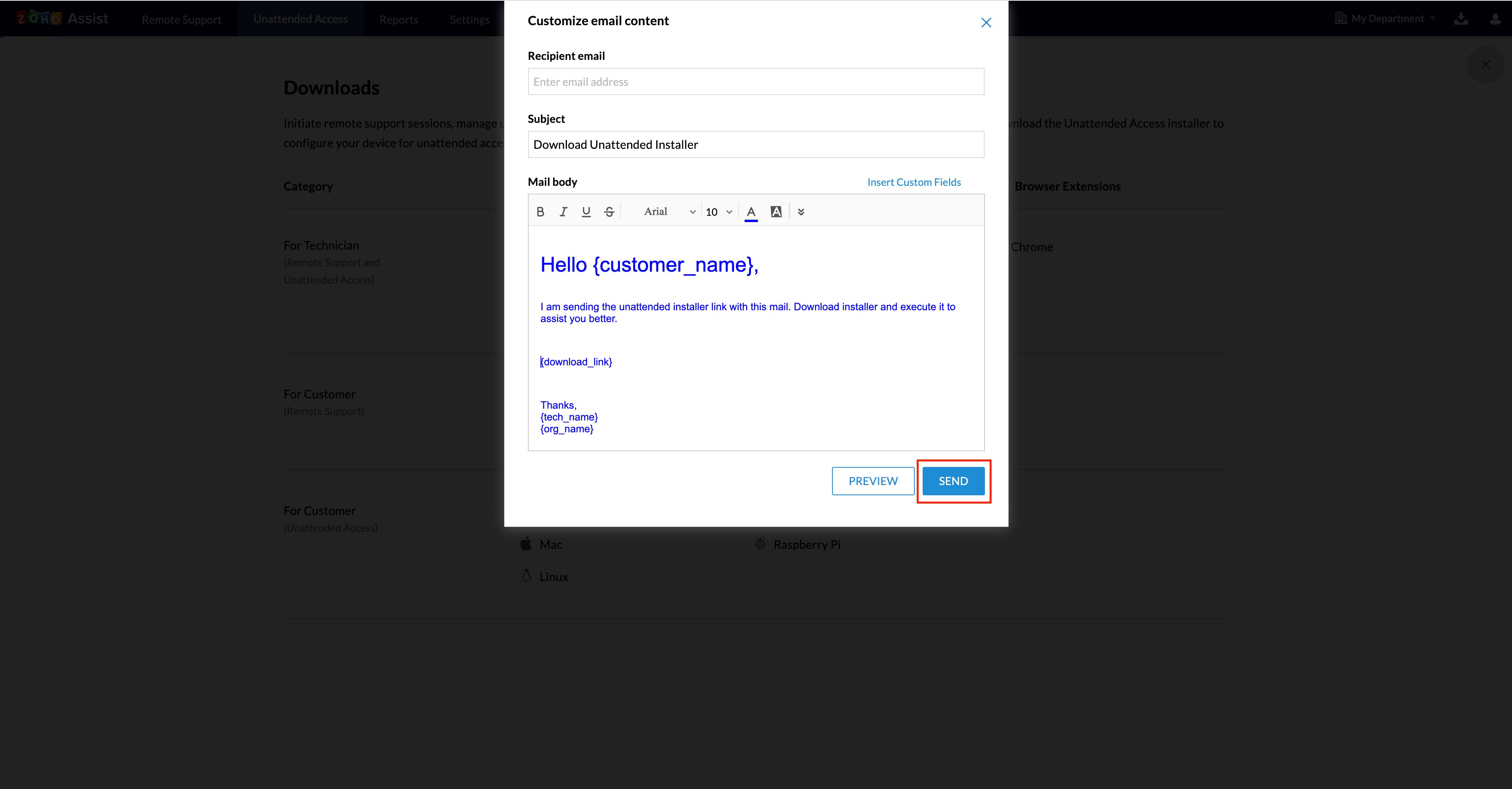 Enter the recipient's mail address in the existing email template with the installer and click SEND