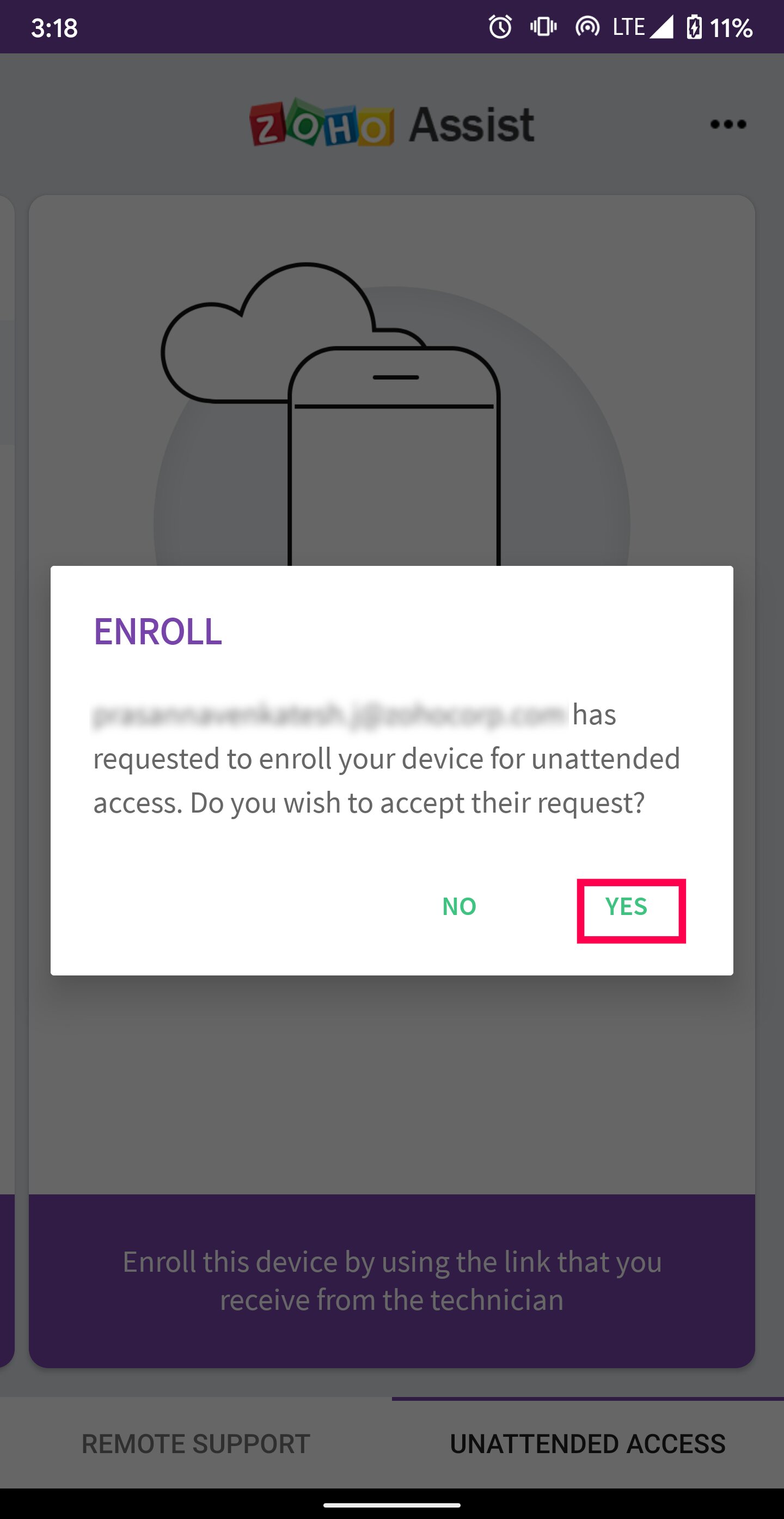 A pop-up notification to enroll your mobile device for unattended access. Proceed by clicking Yes.