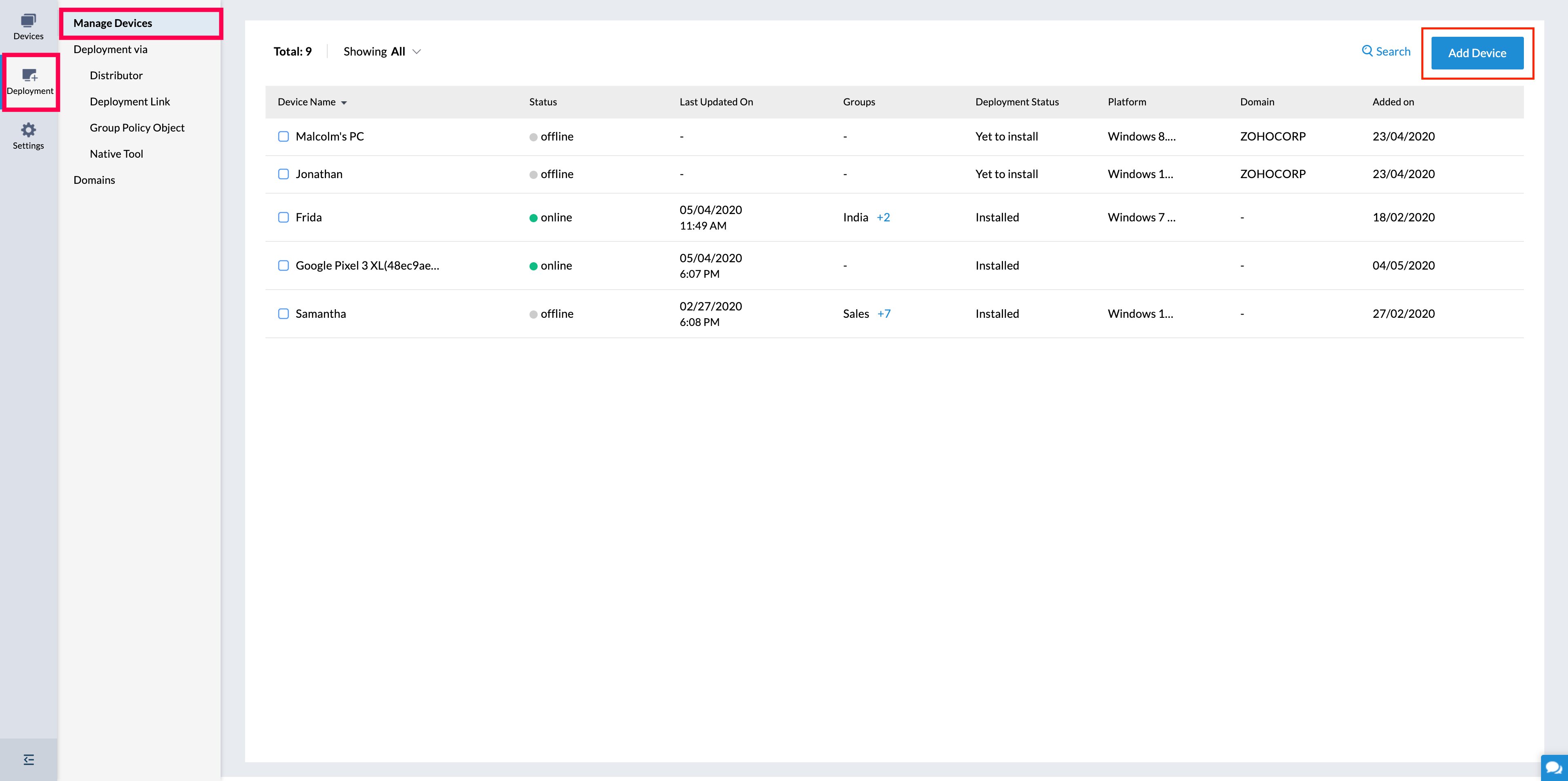To add device, navigate to unattended access > Deployment > Manage devices and click Add device