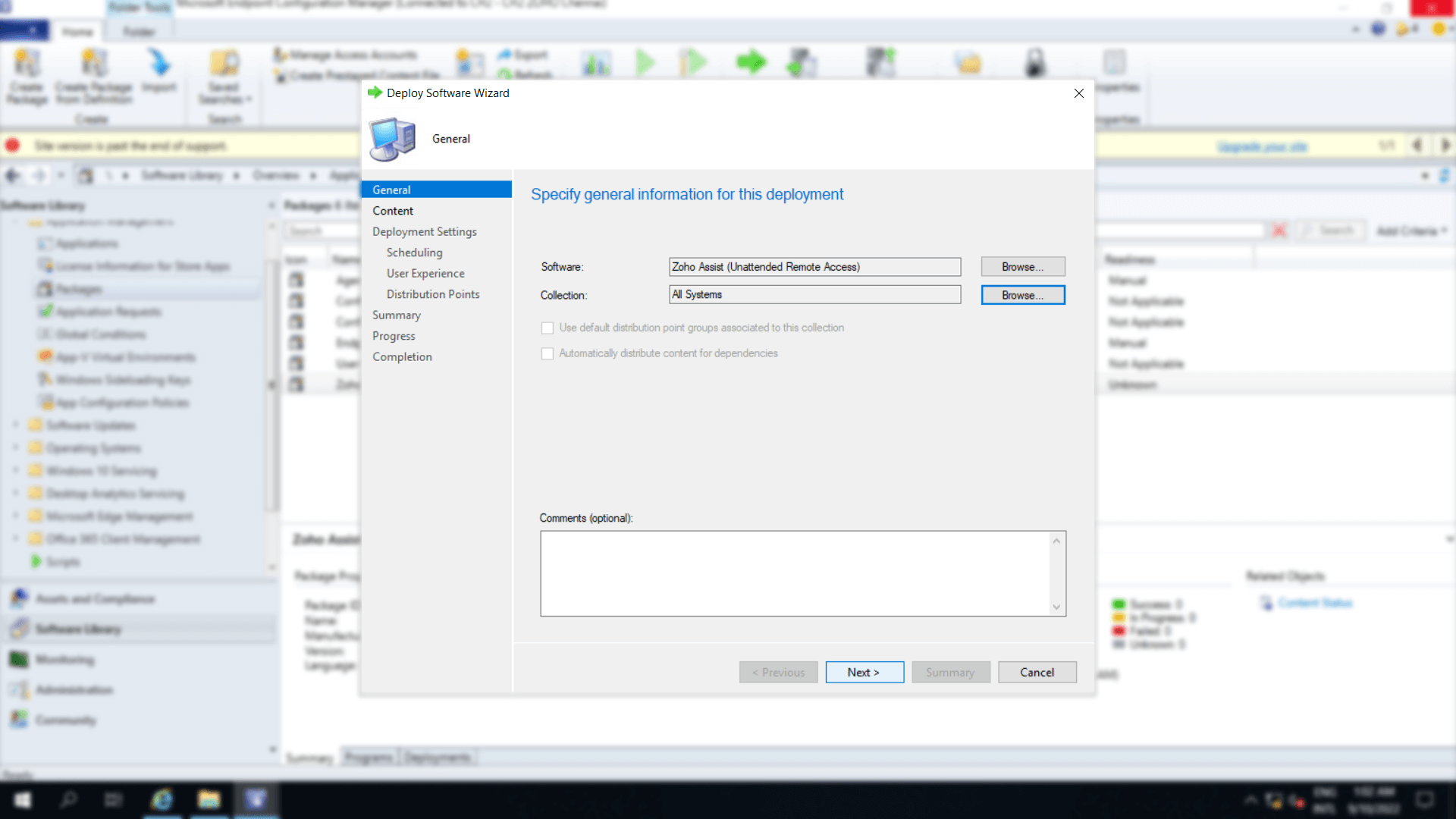 Deploy software wizard in which the information for the deployment are specified 