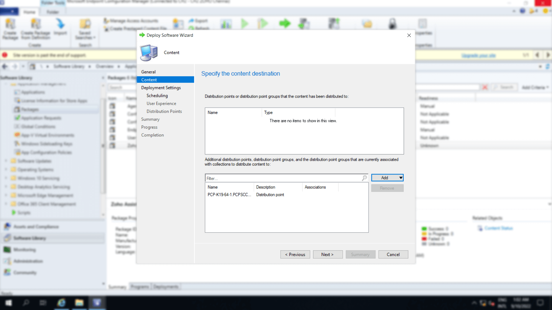 Content destination window in which the distribution point groups are added