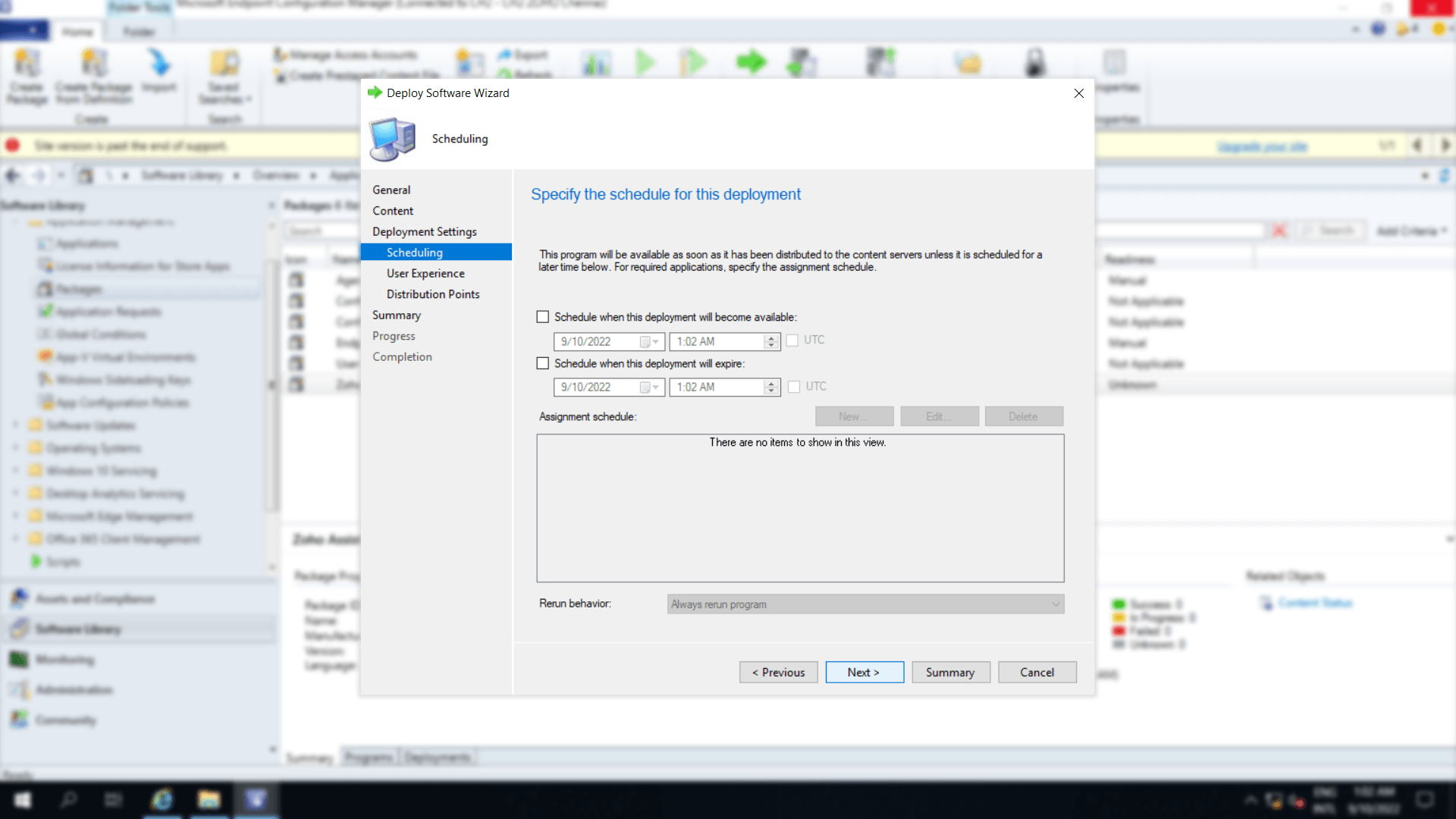 Scheduling window under deployment settings, where start and end time are specified