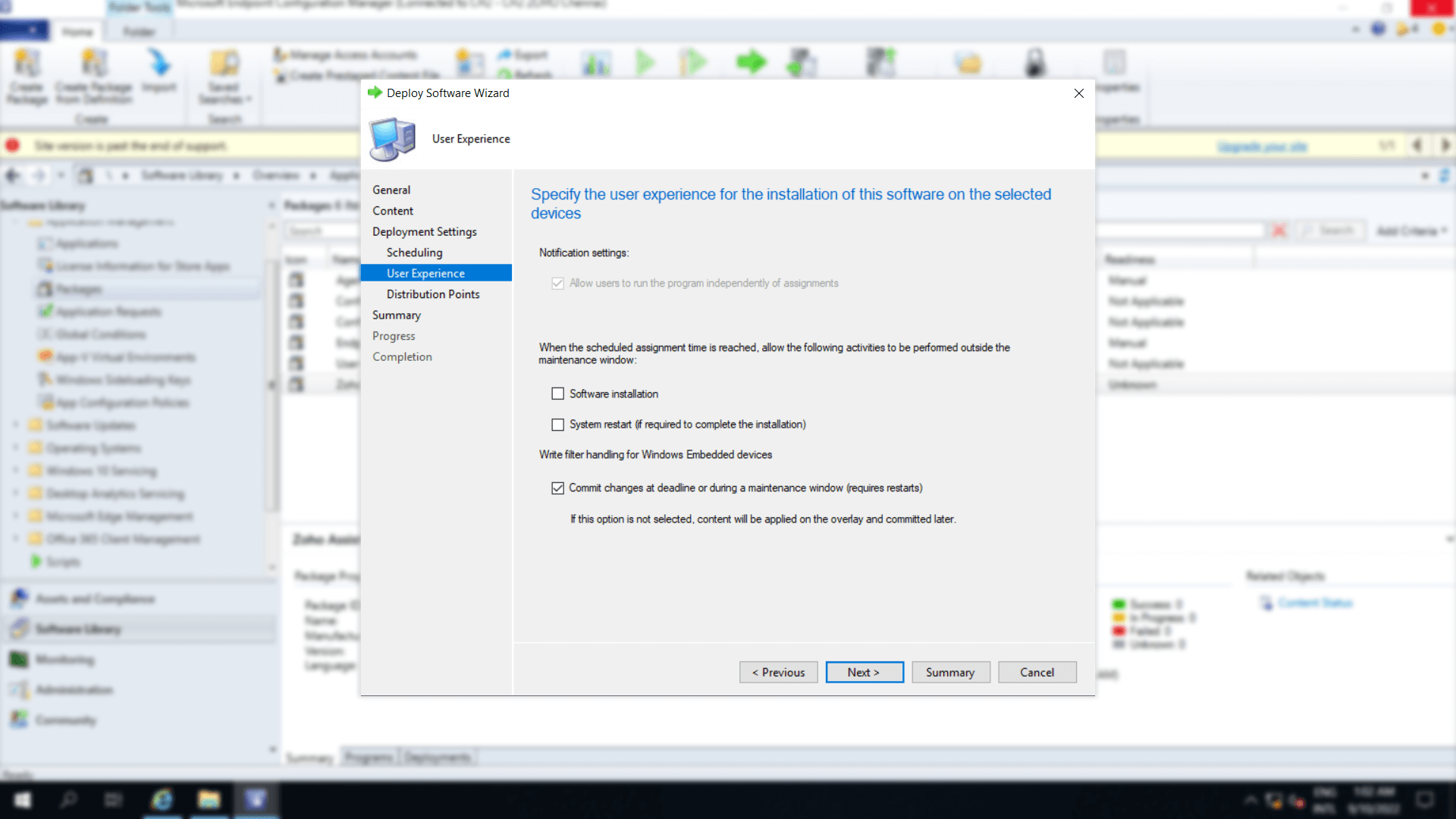 Scheduling window under deployment settings, where start and end time are specified