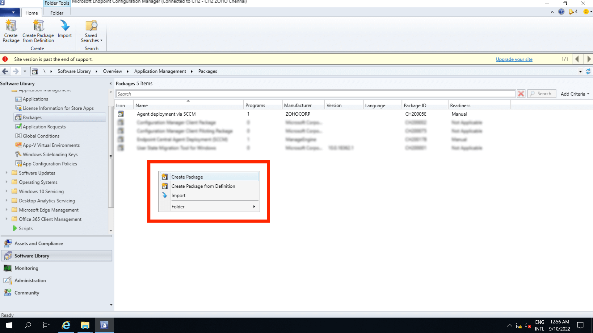 Create a package by right clicking in Packages under Application Management while navigating to Endpoint Configuration Manager Software Library