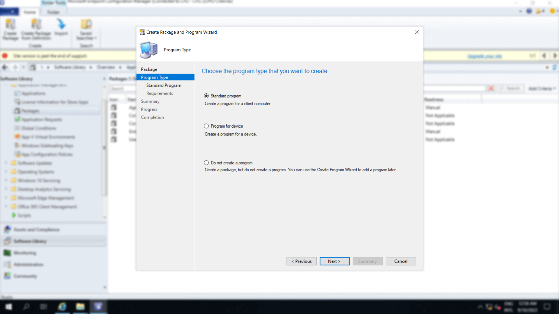 A window to choose the program type. 