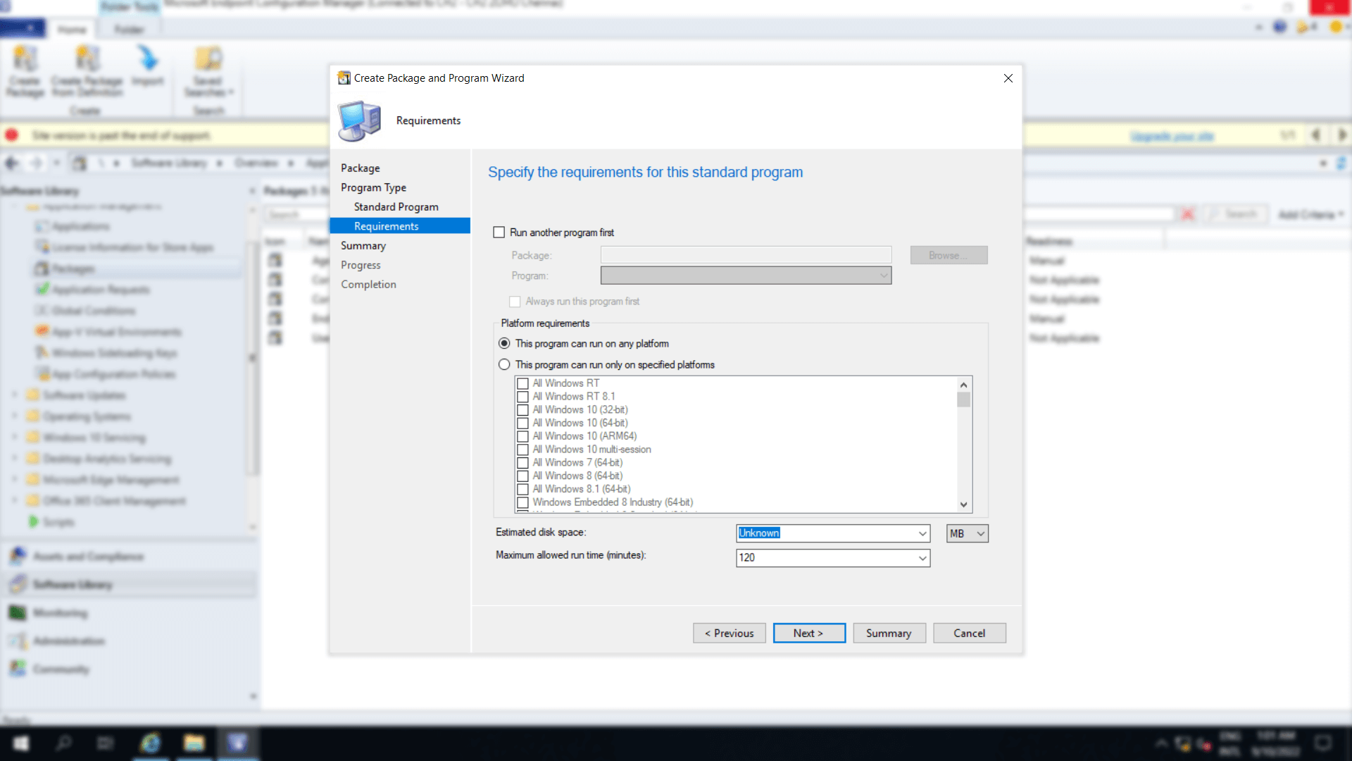 Window to specify requirements for the chosen program such as estimated disk space or maximum allowed run time