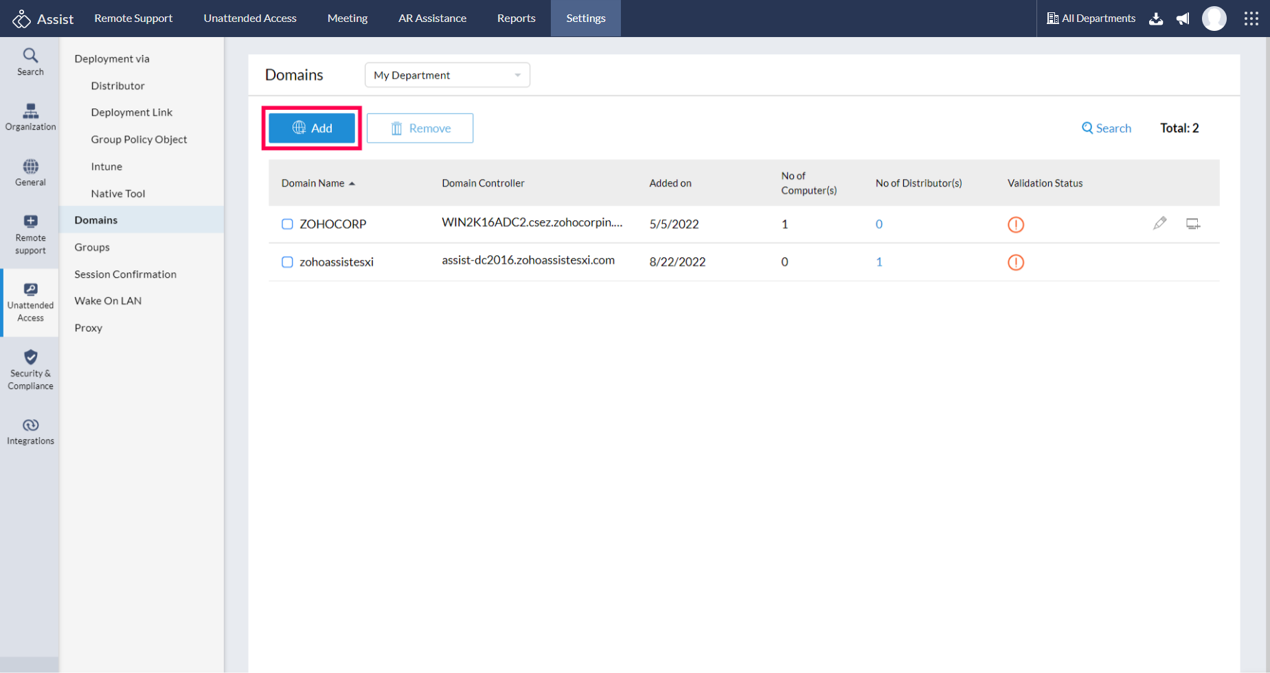 Click Add to add and validate a new domain.