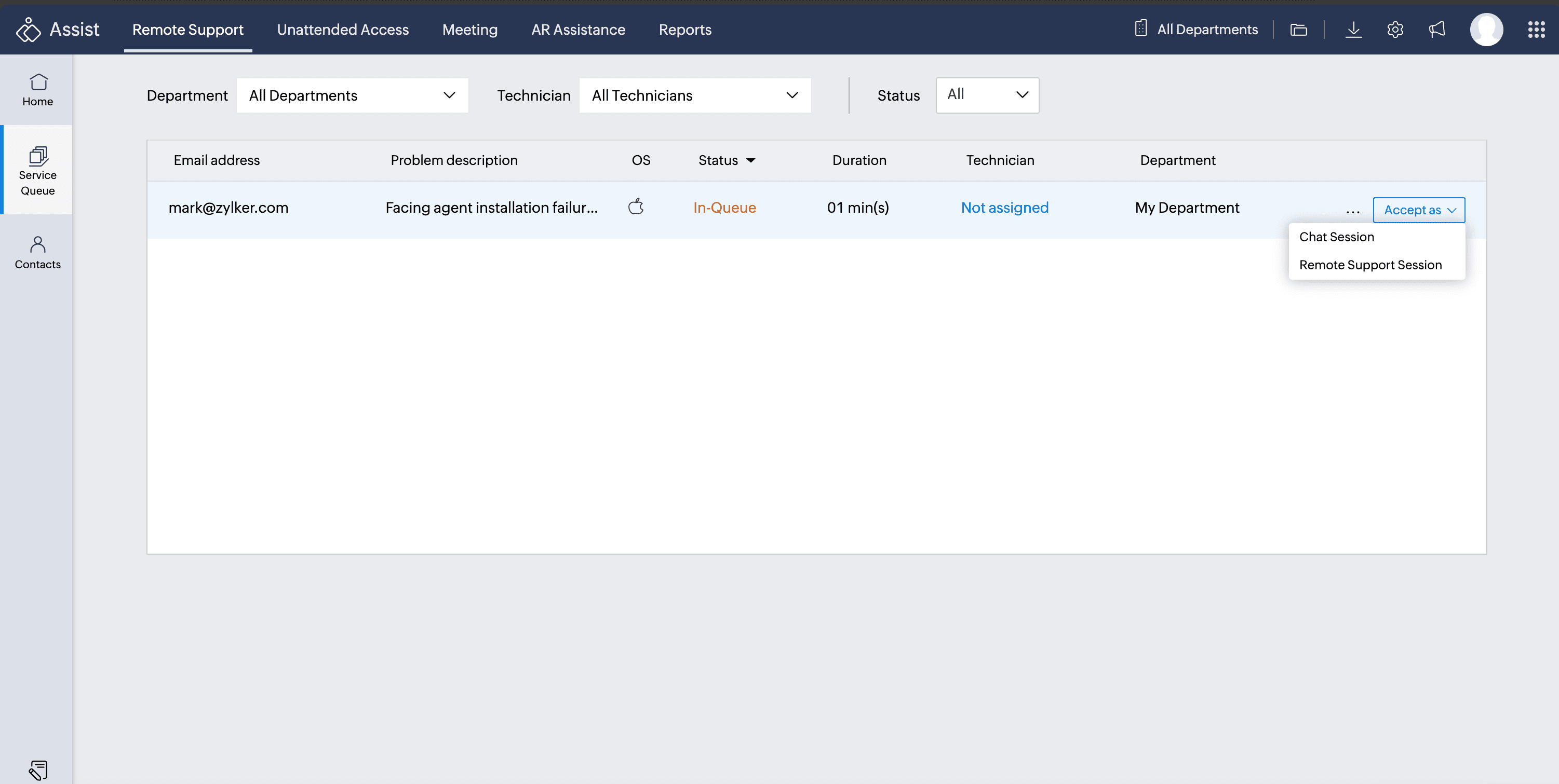 Accepting inbound chat session from service queue