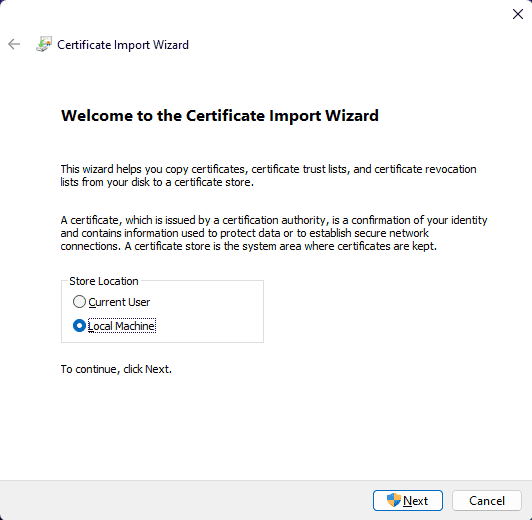Select local machine for certificate store