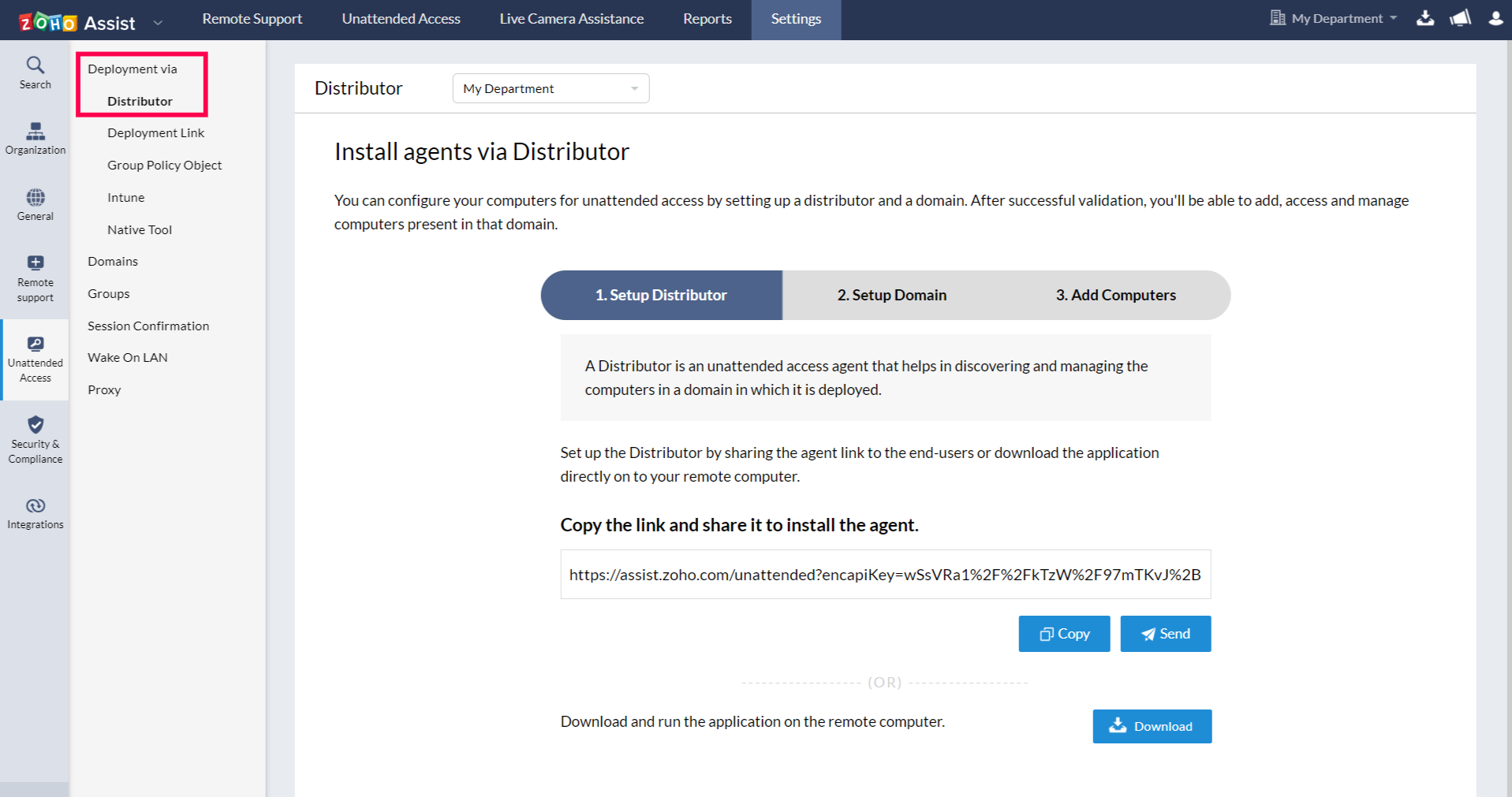 Navigate to Settings > Unattended Access > Deployment > Distributor, where you can setup distributor, setup domain and add computers