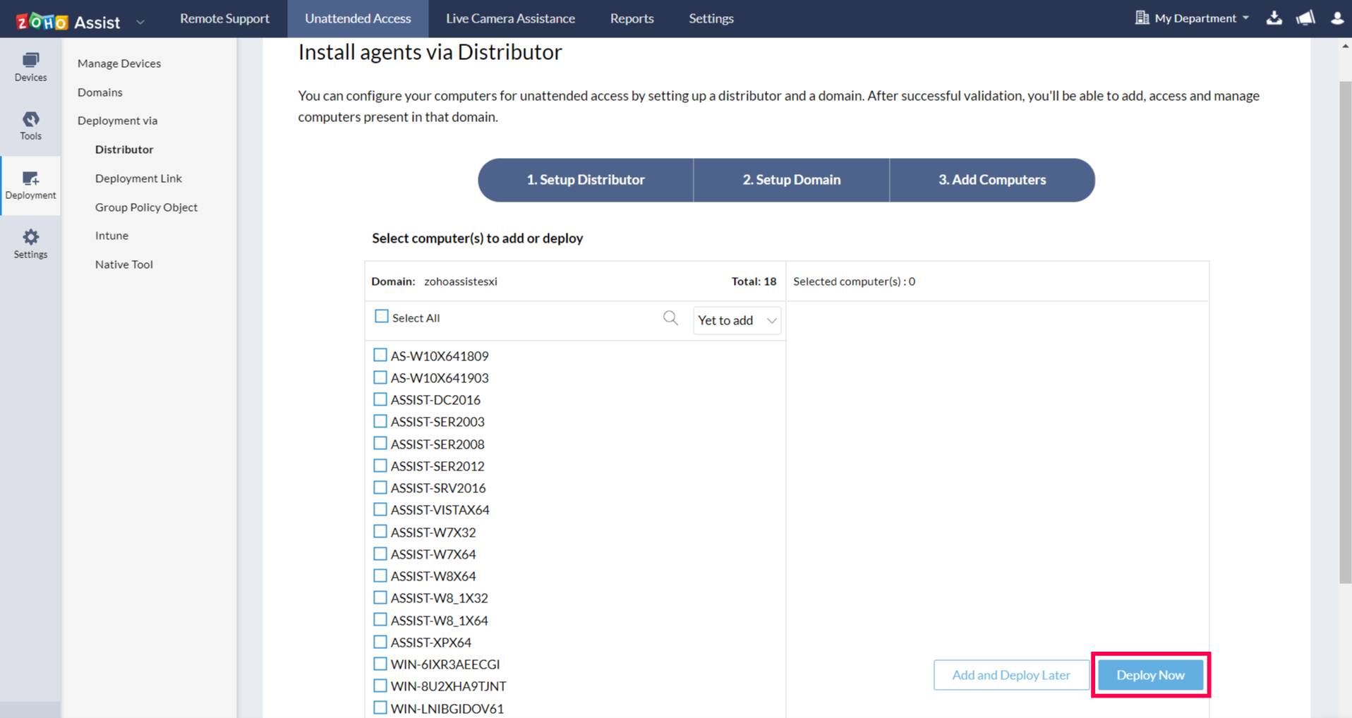 All the computers in the domain are displayed. Click Deploy Now to deploy the unattended access agent on the selected remote computer.