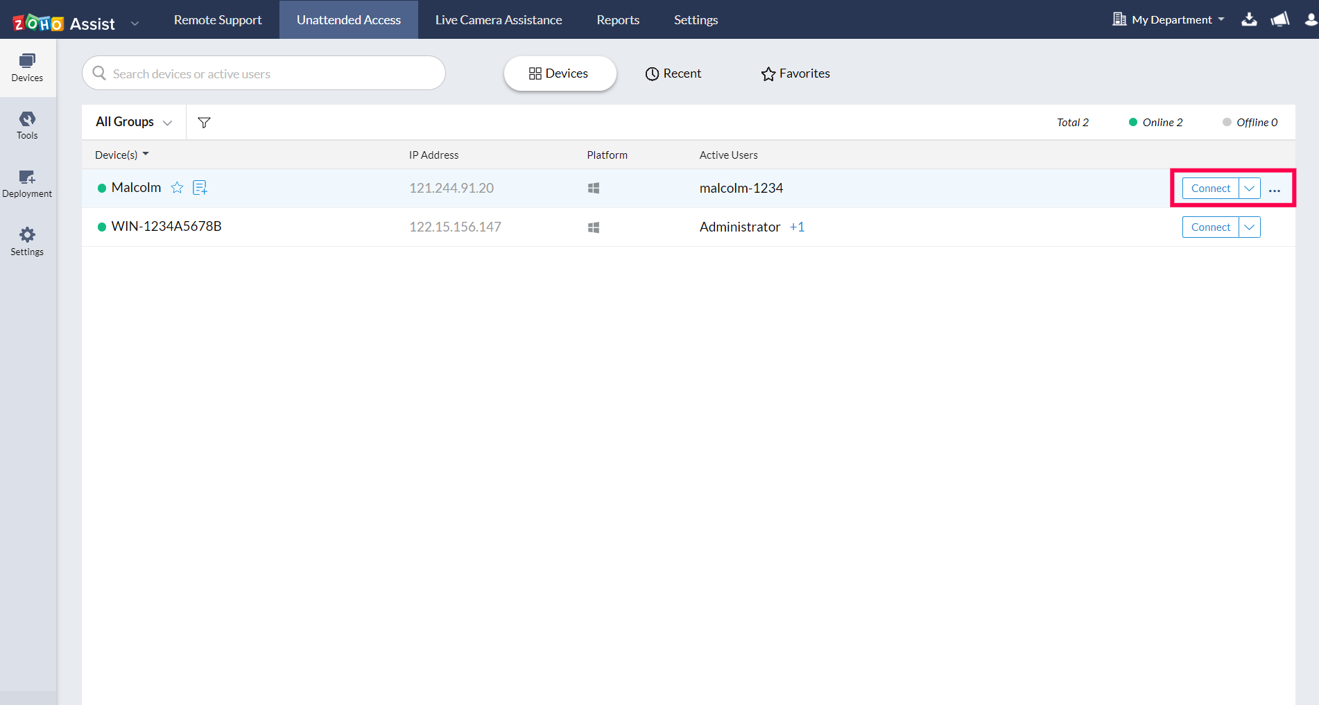Configured devices are listed under unattended access tab, click Connect to access the remote computer.