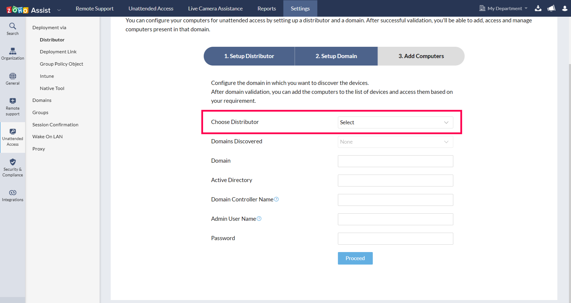 Once distributor is set, Setup domain by choosing the distributor from the drop menu