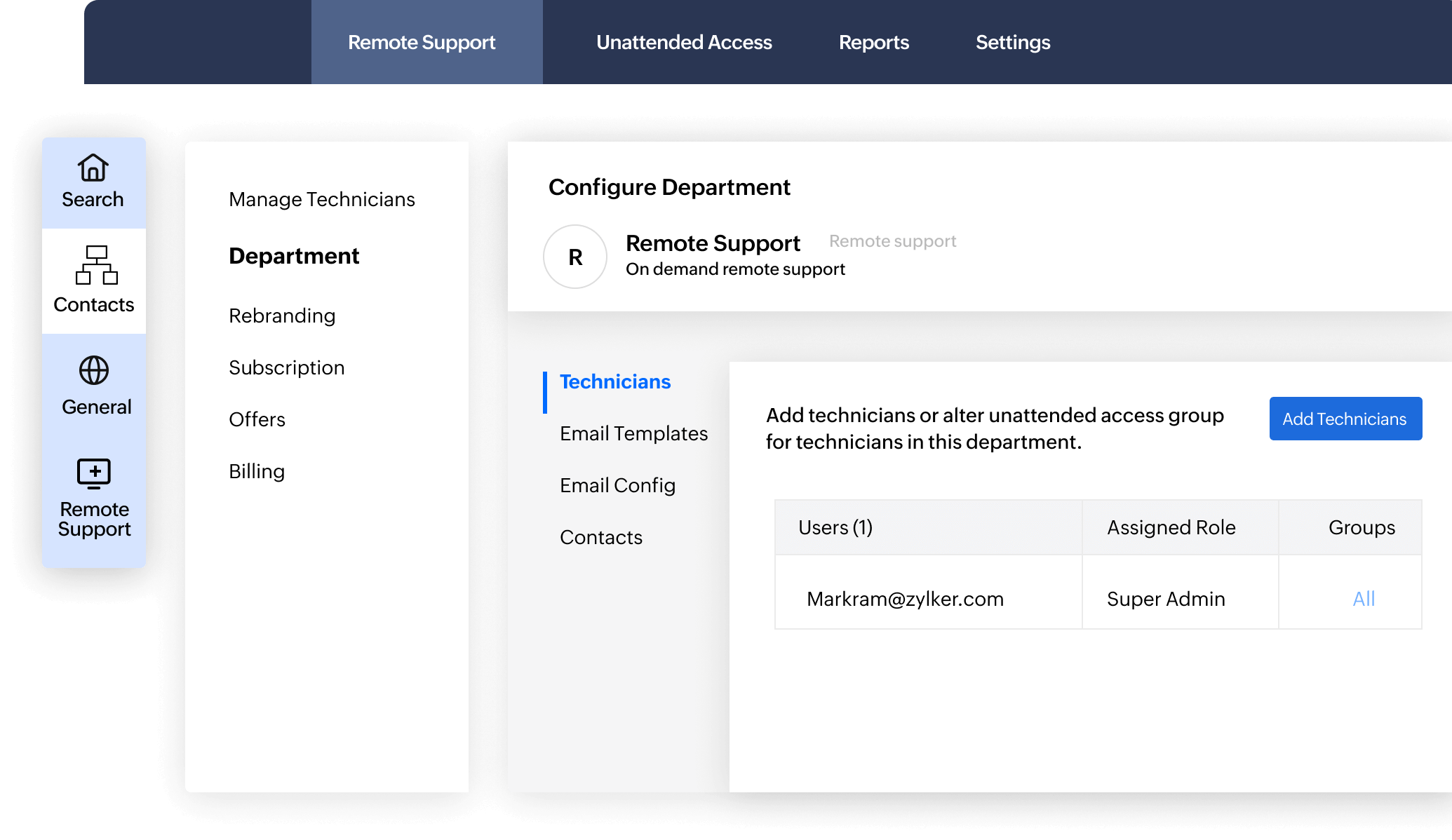 Remote Support dashboard showing department configuration