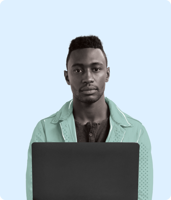 Man working on a laptop with a 'Request sent' notification above.