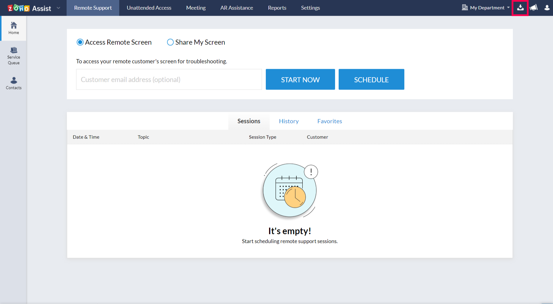 Zoho Assist download icon on homepage