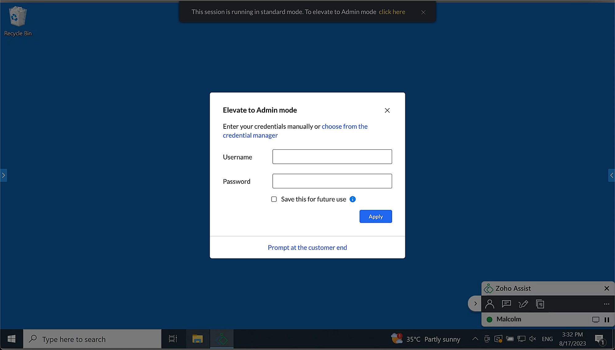 Admin credentials prompt