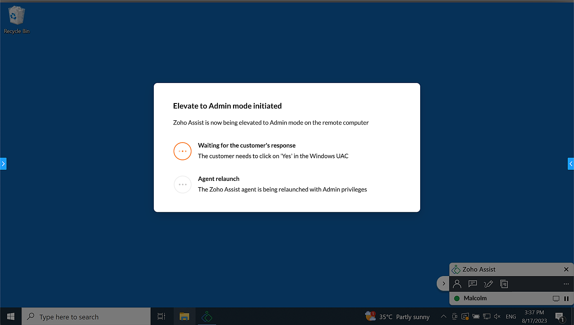 Elevation status on technician side