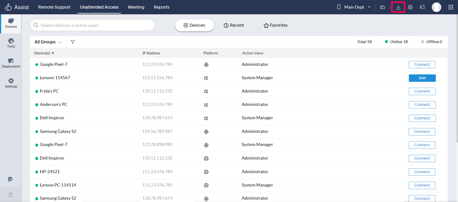 Download icon on Zoho Assist main window