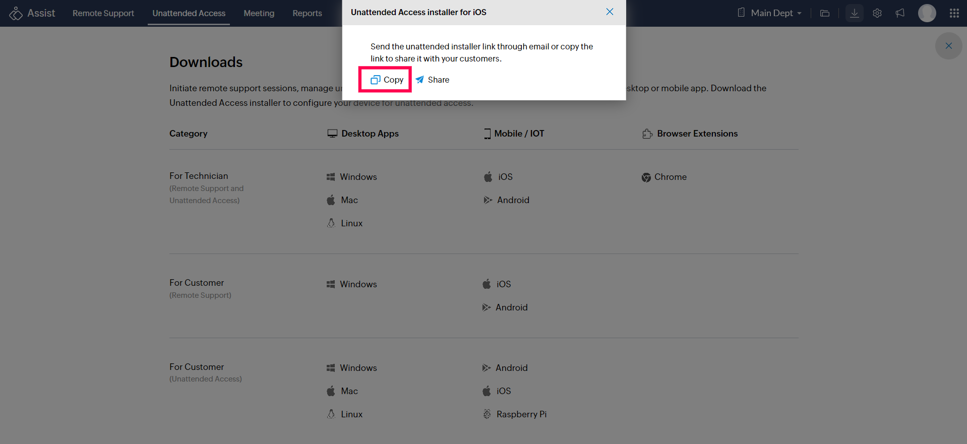 Copy or share the unattended access installer link