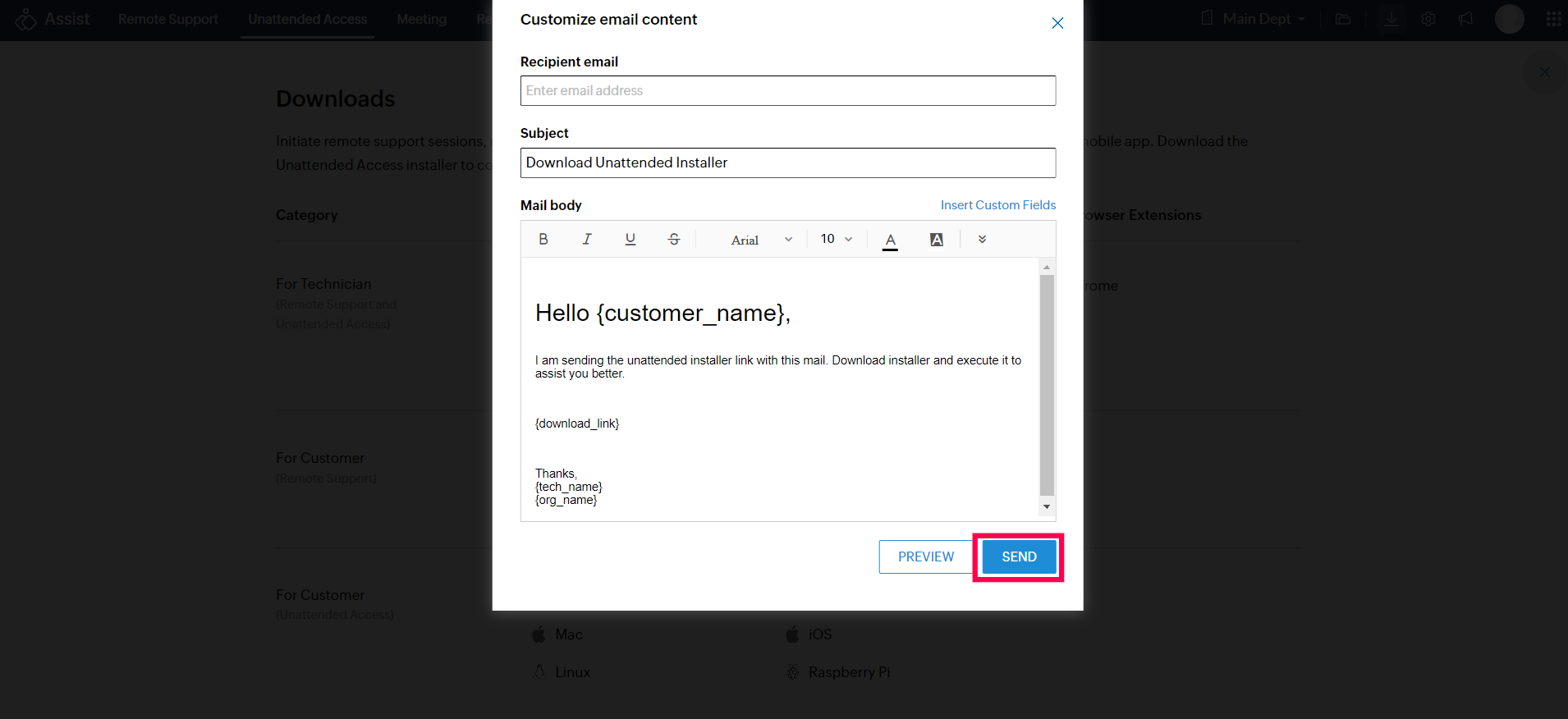 Share installer link with the customer via email