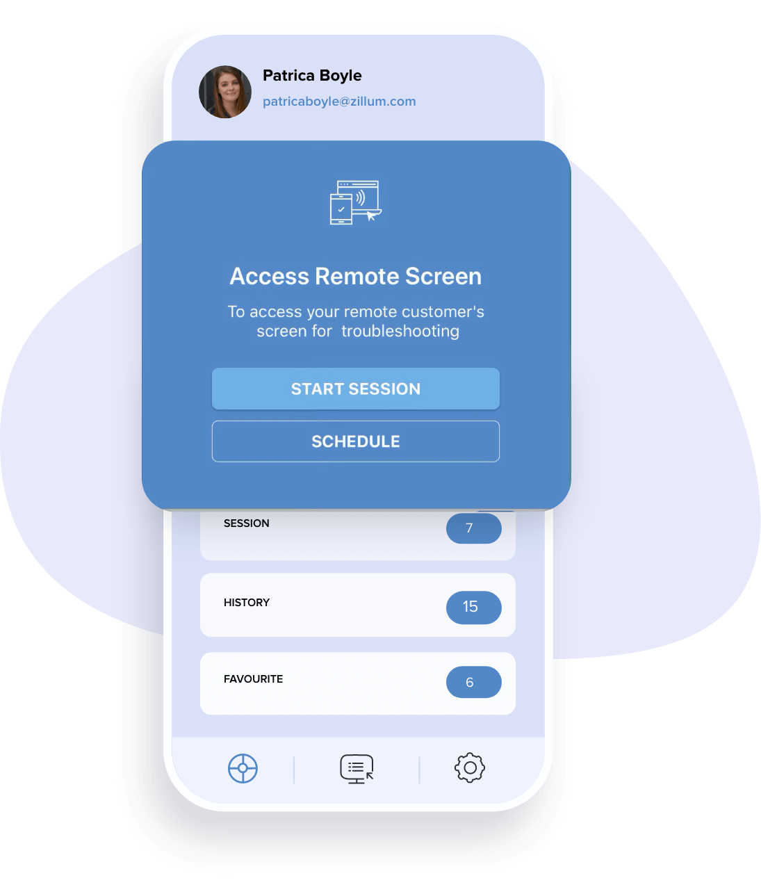 Mobile interface for remote screen access with session options.